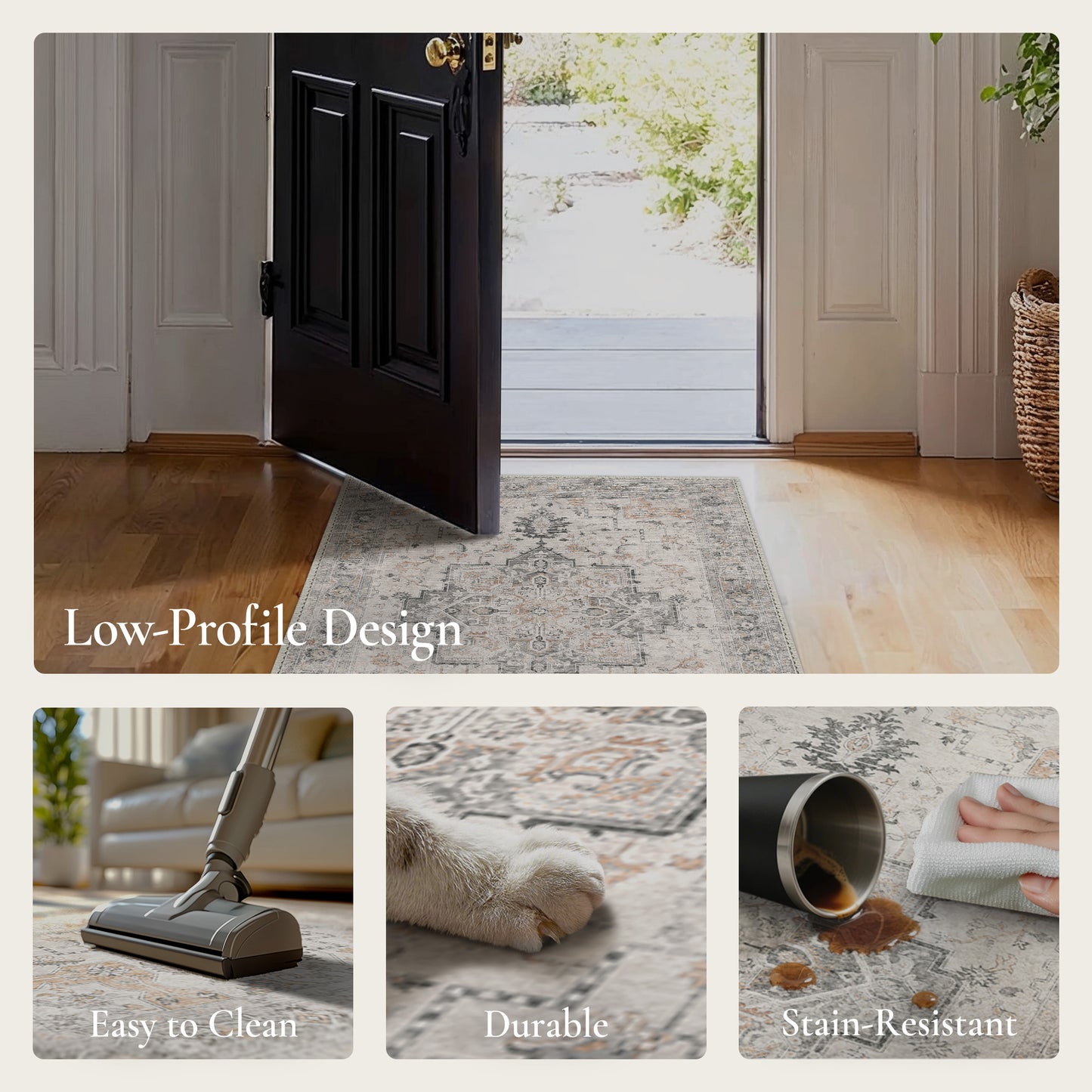 KUETH Runner Rug Machine Washable, Kitchen Runner Rug for Floor and Hallway, Non Slip Throw Area Rug with Rubber Backing for Living Room、 Entryway、Bedroom and Dining Room Brown