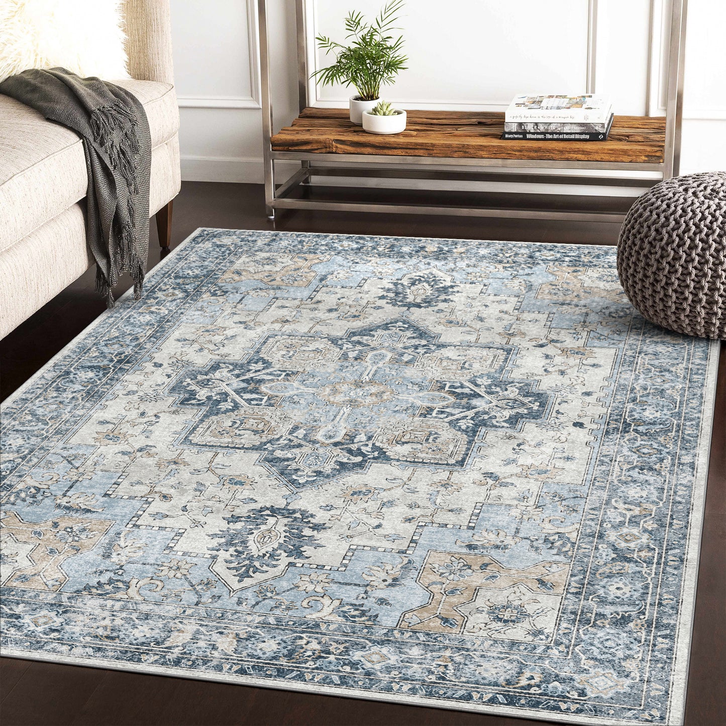 Roehit Oriental Performance Machine Washable Blue / Ivory Area Rug