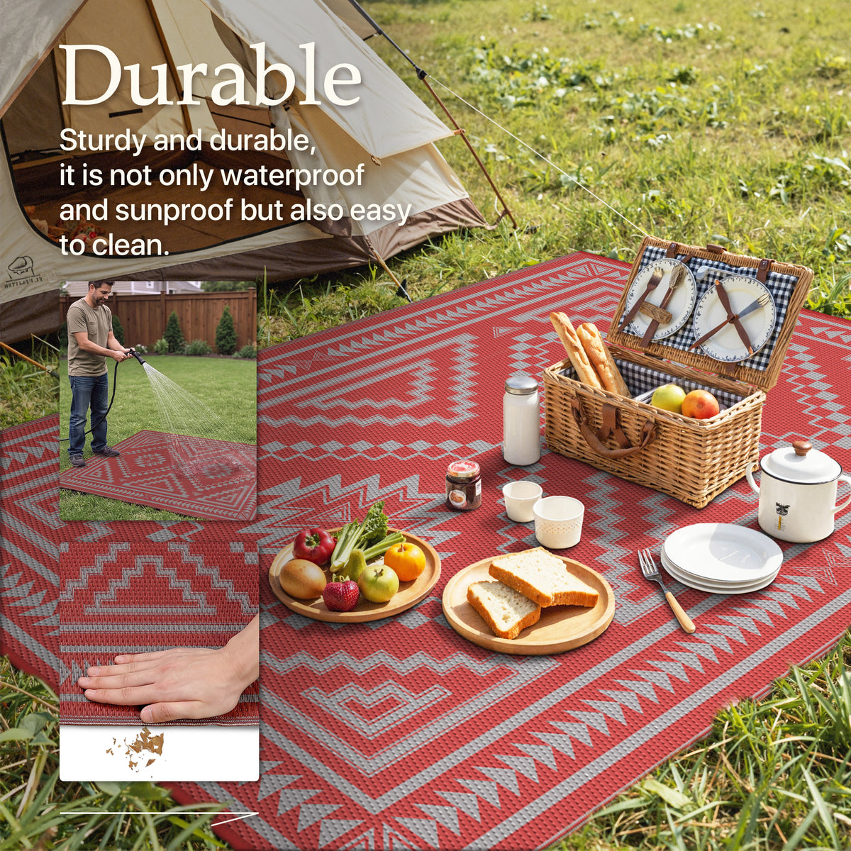 KUETH 8' x 10' Outdoor Rug Waterproof for Patio Carpet Plastic Reversible Straw Outdoor Rug for Camping Picnic Geometric Mat ,RED & GREY