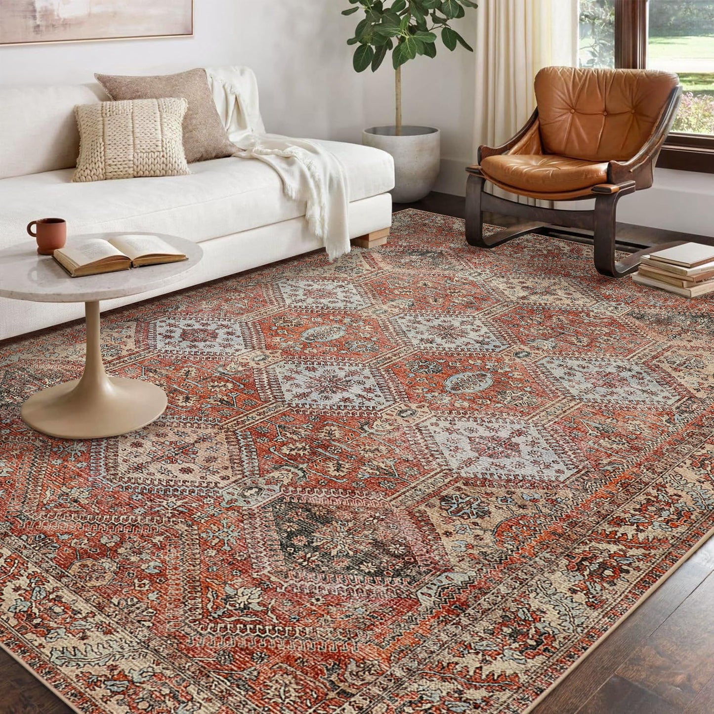 Masiis Area Rug Machine Washable Large Brick Red Chenille Vintage Distressed Print Bedroom Living Room Accent Rug, Low Pile Lightweight Non Slip with Gripper