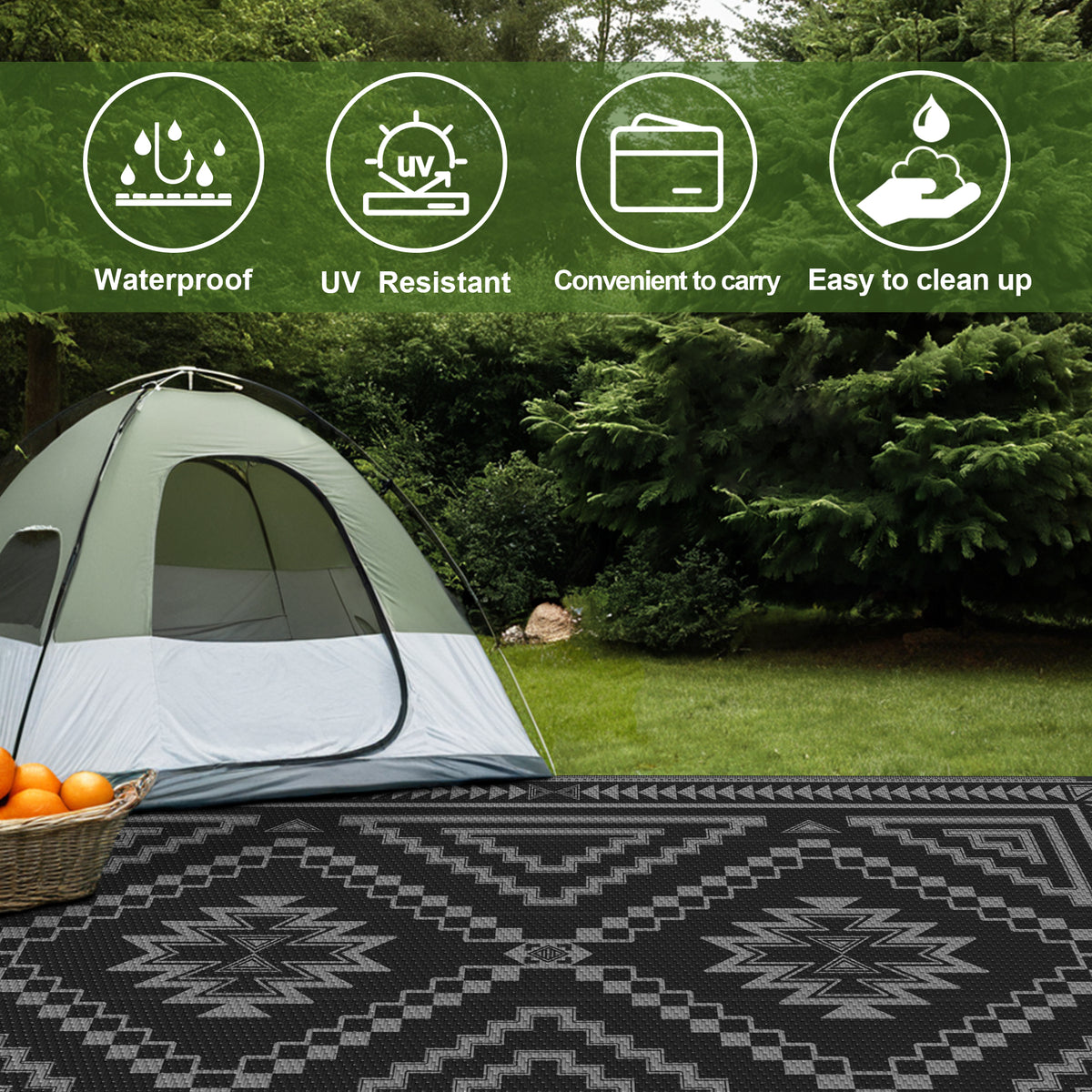 KUETH 6' x 9' Outdoor Rug Waterproof for Patio Carpet Plastic Reversible Straw Outdoor Rug for Camping Picnic Geometric Mat ,Black & Gray
