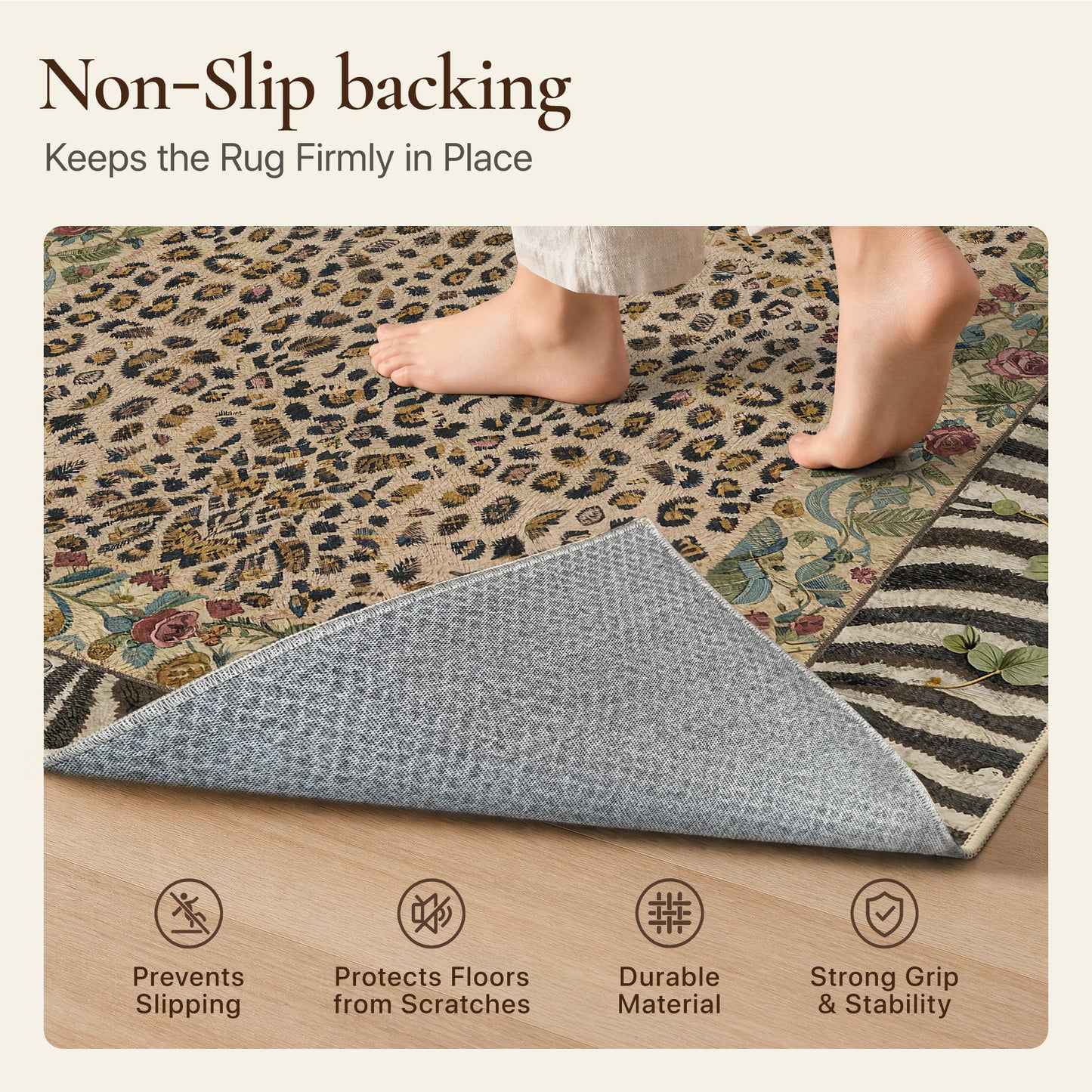 KUETH 8x10 Area Rugs for Living Room Non Slip Low Pile Lightweight Print Pattern, Machine Washable Indoor Rug for Bedroom Home Decor, Leopard Floral, Dusty Camel