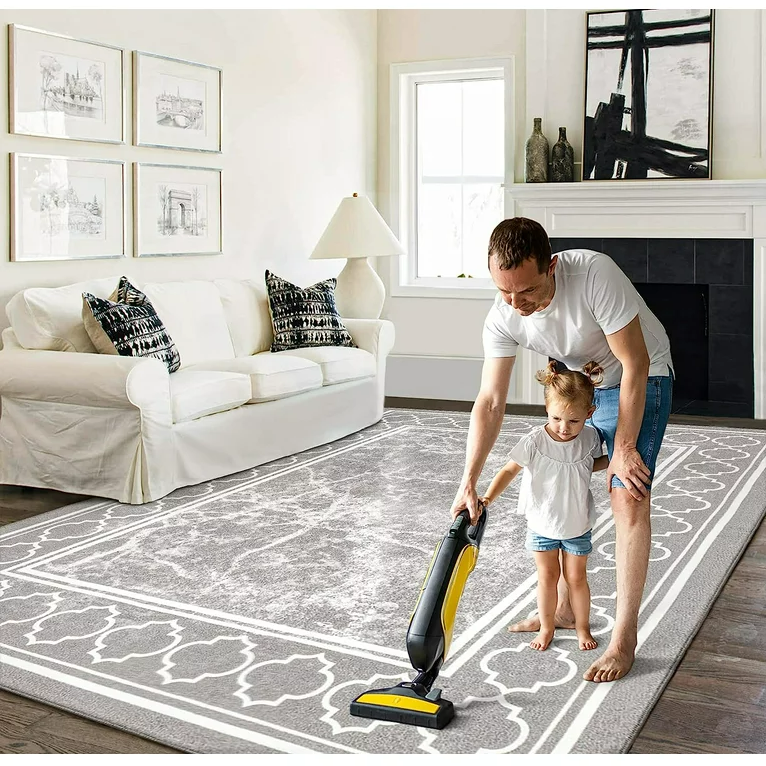 MCOW 2'x3' Area Rugs for Living Room,Non-Slip Washable Indoor Rugs for Bedroom,Geometric Print Carpet Chenille Mat Kitchen Bathroom Dining Room (Gray/White)