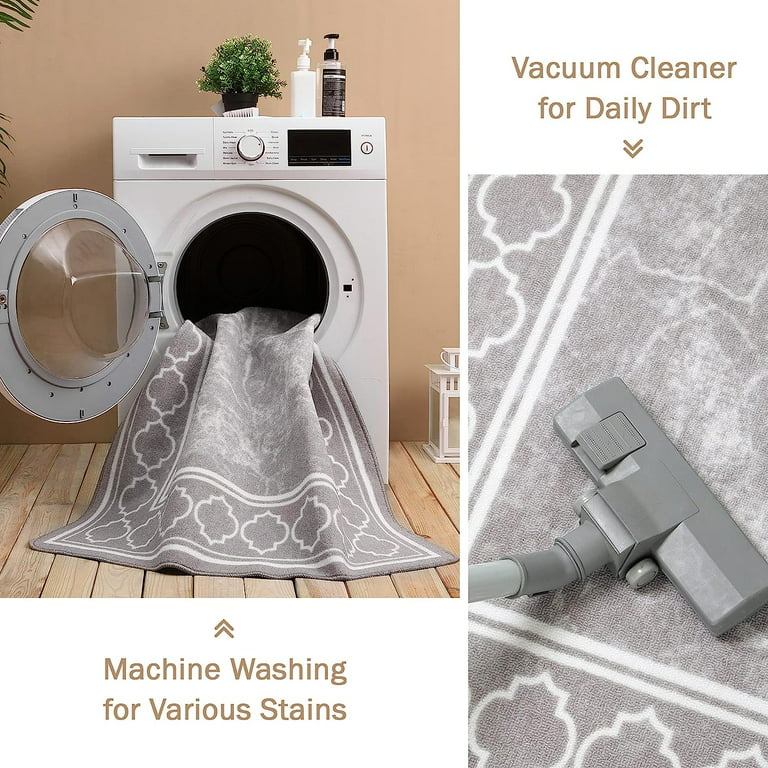 MCOW 2'x3' Area Rugs for Living Room,Non-Slip Washable Indoor Rugs for Bedroom,Geometric Print Carpet Chenille Mat Kitchen Bathroom Dining Room (Gray/White)