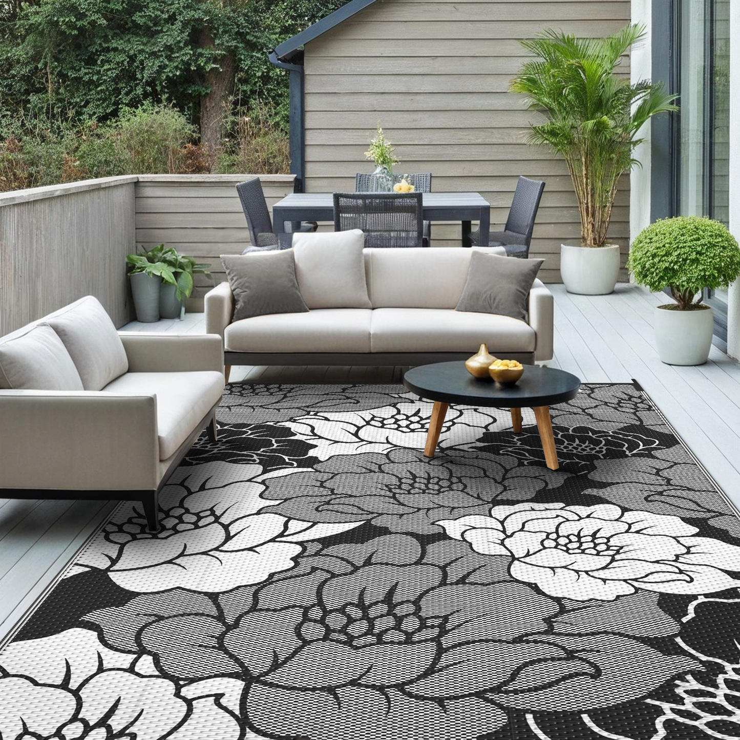 KUETH 5'x 8' Outdoor Rug Plastic Waterproof Outside Foldable Mat UV Resistant Patio RV Deck Carpet,Black White