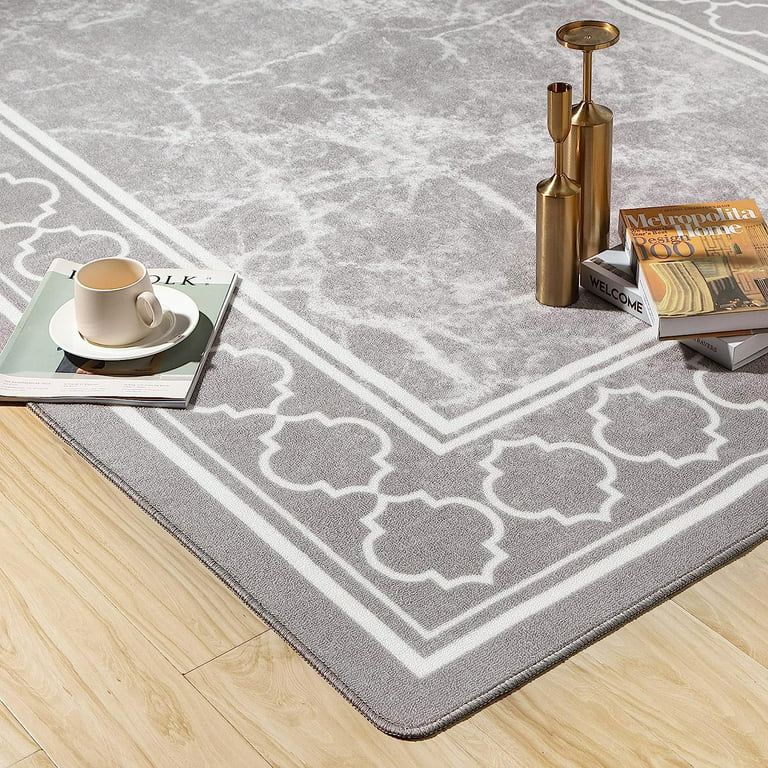MCOW 2'x3' Area Rugs for Living Room,Non-Slip Washable Indoor Rugs for Bedroom,Geometric Print Carpet Chenille Mat Kitchen Bathroom Dining Room (Gray/White)