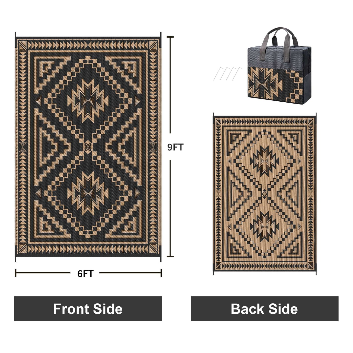KUETH 6' x 9' Outdoor Waterproof Rug Camping Mat Patio Carpet,Black & Brown