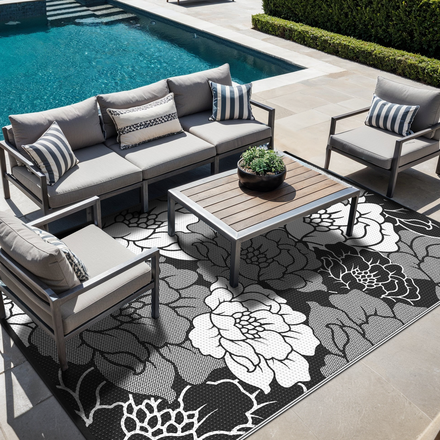 KUETH 5'x 8' Outdoor Rug Plastic Waterproof Outside Foldable Mat UV Resistant Patio RV Deck Carpet,Black White