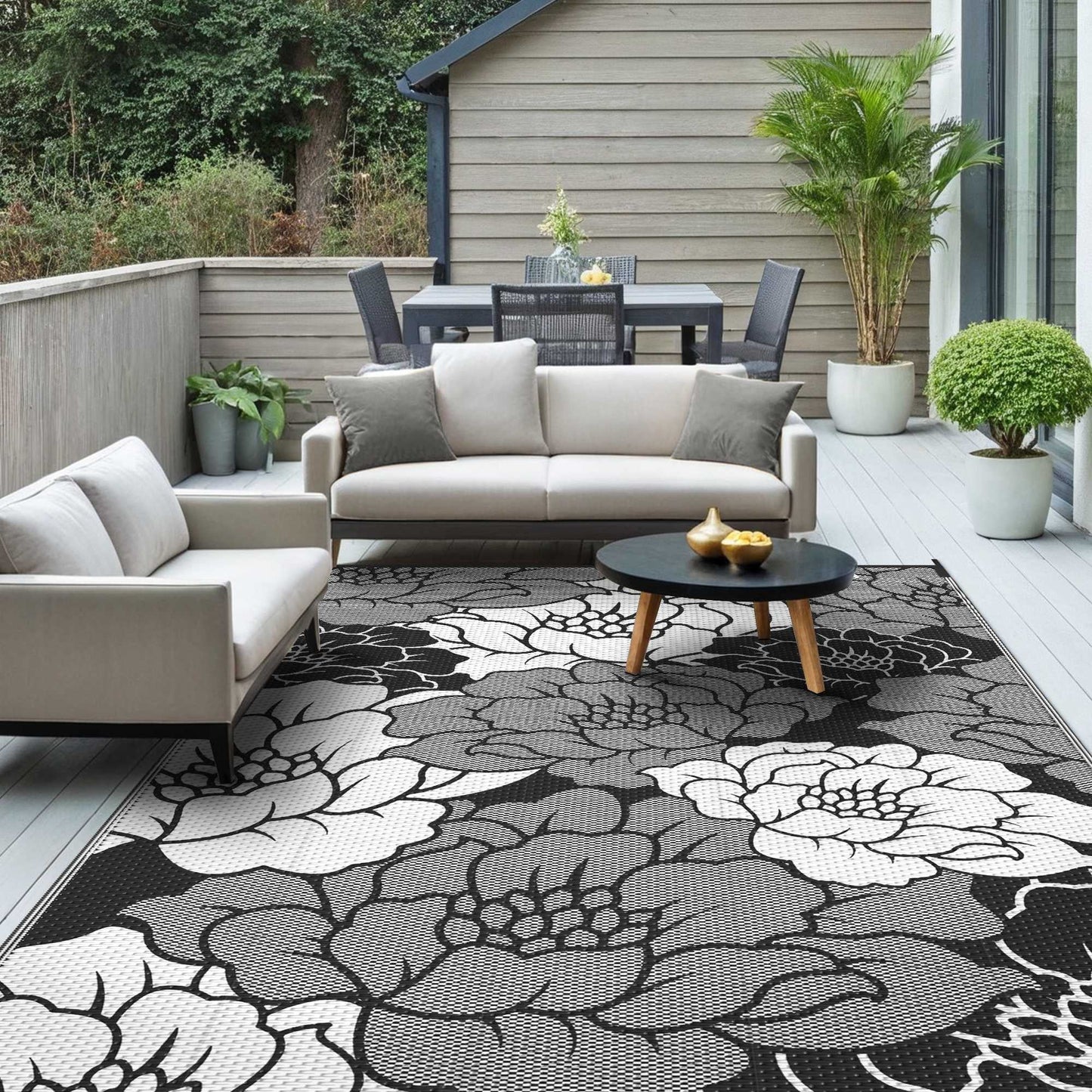 KUETH 6'x 9' Outdoor Rug Plastic Waterproof Outside Foldable Flower Mat UV Resistant Patio RV Deck Carpet,Black White