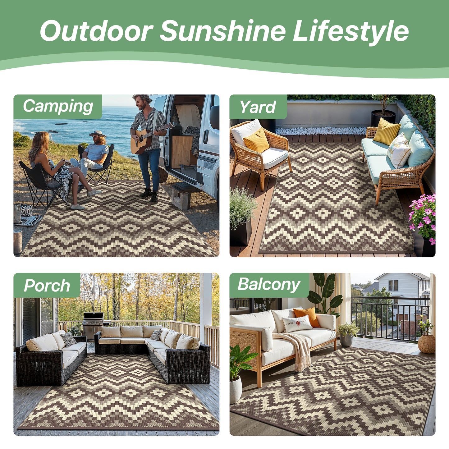 KUETH 5' x 8' Outdoor Rug Waterproof Camping Patio Rug Boho Geometric Reversible Outdoor Plastic Carpet for RV Blcony Picnic Porch,COFFEE&BEIGE