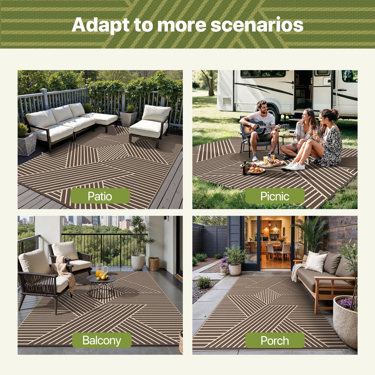 KUETH 6'x 9' Outdoor Rug Plastic Foldable Waterproof Outside Carpet UV Resistant Geometric Patio RV Deck Mat,COFFEE BEIGE