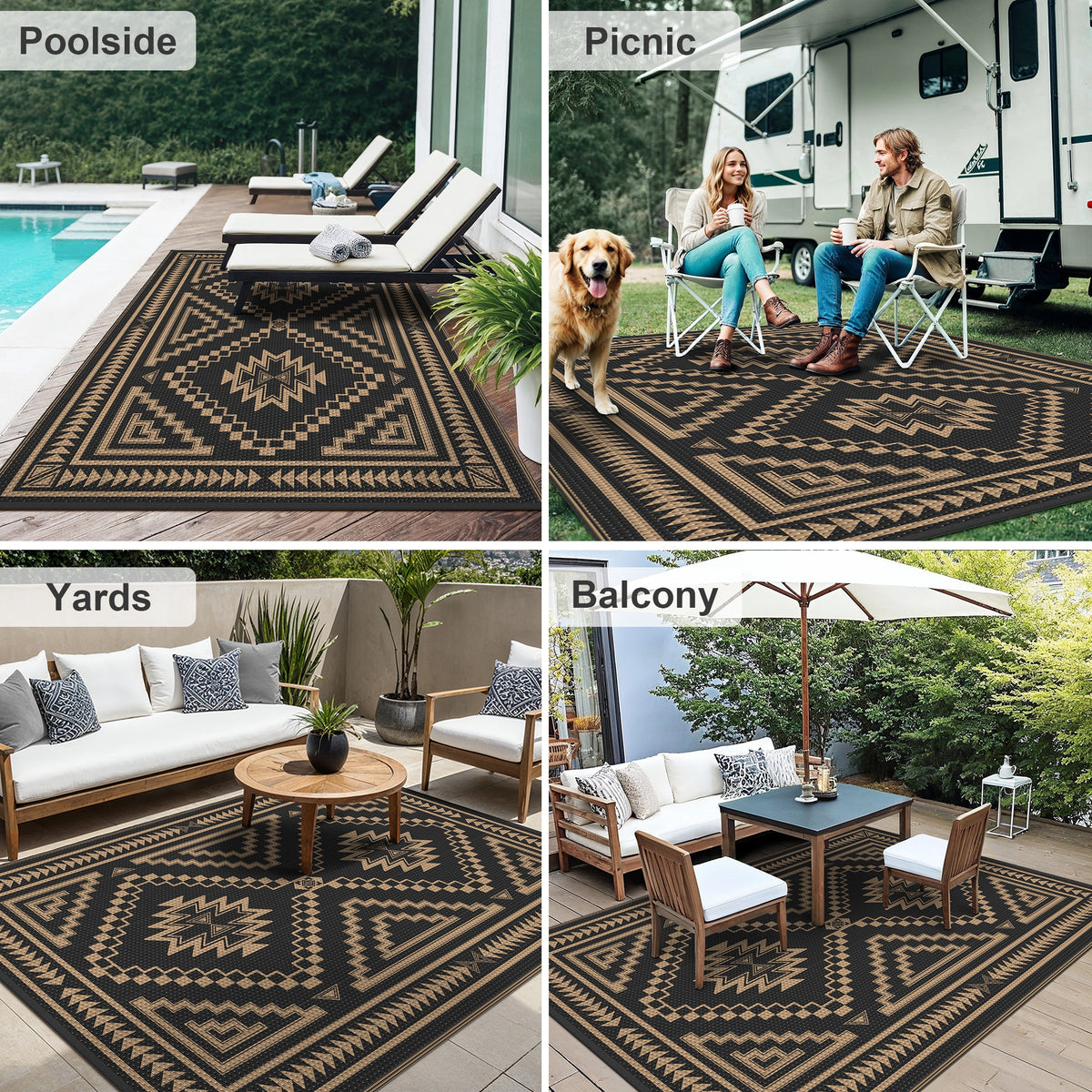 KUETH 5' x 8' Outdoor Rug Waterproof for Patio Carpet Plastic Reversible Straw Outdoor Rug for Camping Picnic Geometric Mat ,Black & Brown