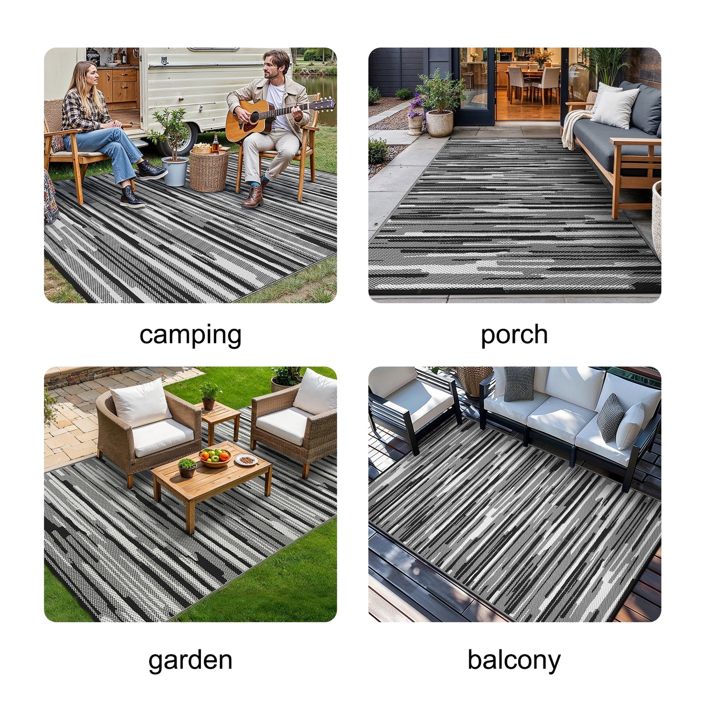 KUETH 6' x 9' Outdoor Waterproof Reversible Rug Camping Mat Abstract Patio Yard Carpet,BLACK&WHITE