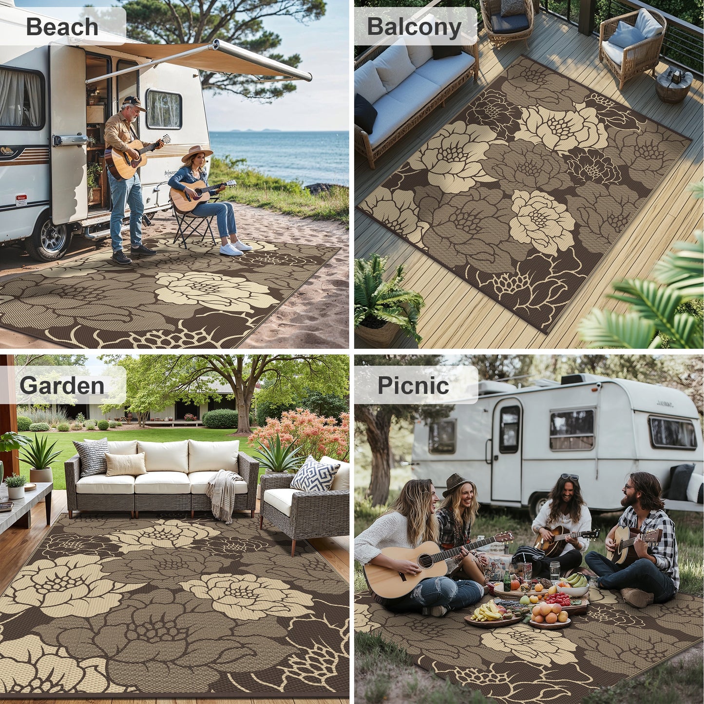 KUETH 5'x 8' Outdoor Rug Plastic Waterproof Outside Foldable Flower Mat UV Resistant Patio RV Deck Carpet,COFFEE BEIGE