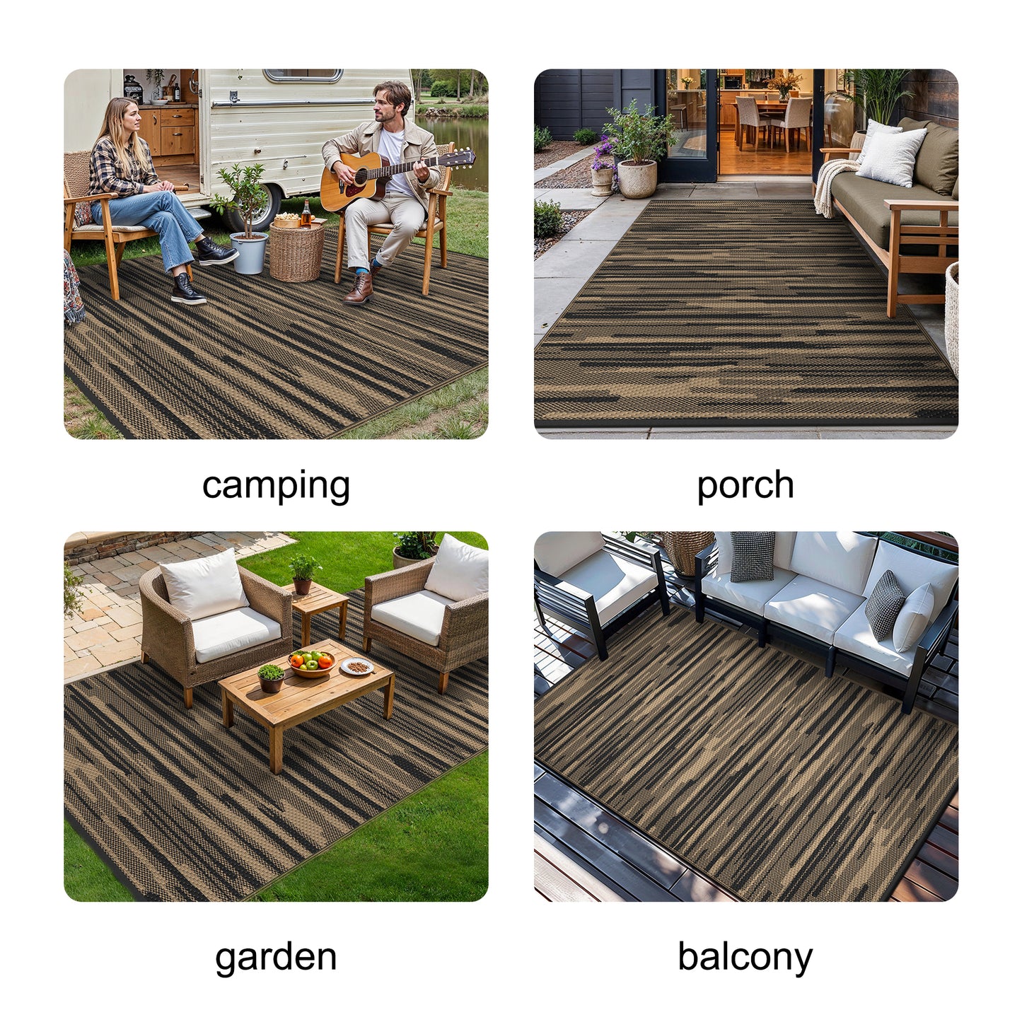 KUETH 6' x 9' Outdoor Rug Plastic Foldable Waterproof Reversible Camping Mat Patio Yard Carpet,BLACK&BROWN