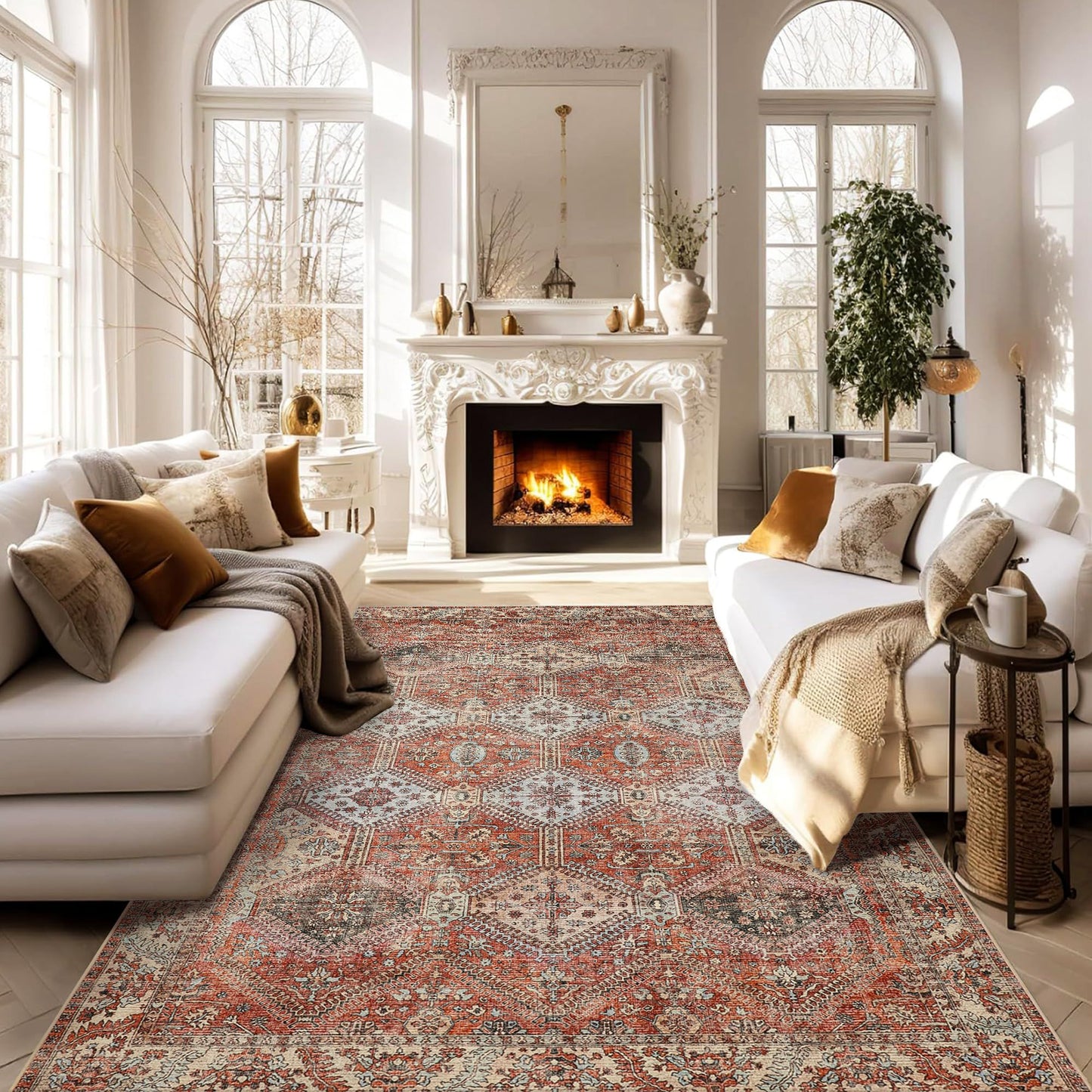 Masiis Area Rug Machine Washable Large Brick Red Chenille Vintage Distressed Print Bedroom Living Room Accent Rug, Low Pile Lightweight Non Slip with Gripper