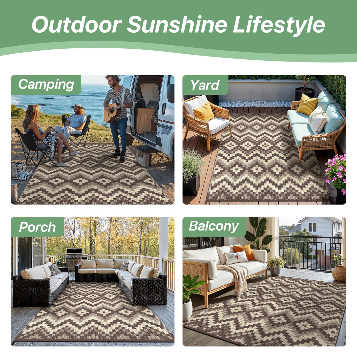 KUETH 5' x 8' Outdoor Patio Rug Camping Mat Boho Geometric Waterproof Plastic Carpet,COFFEE&BEIGE