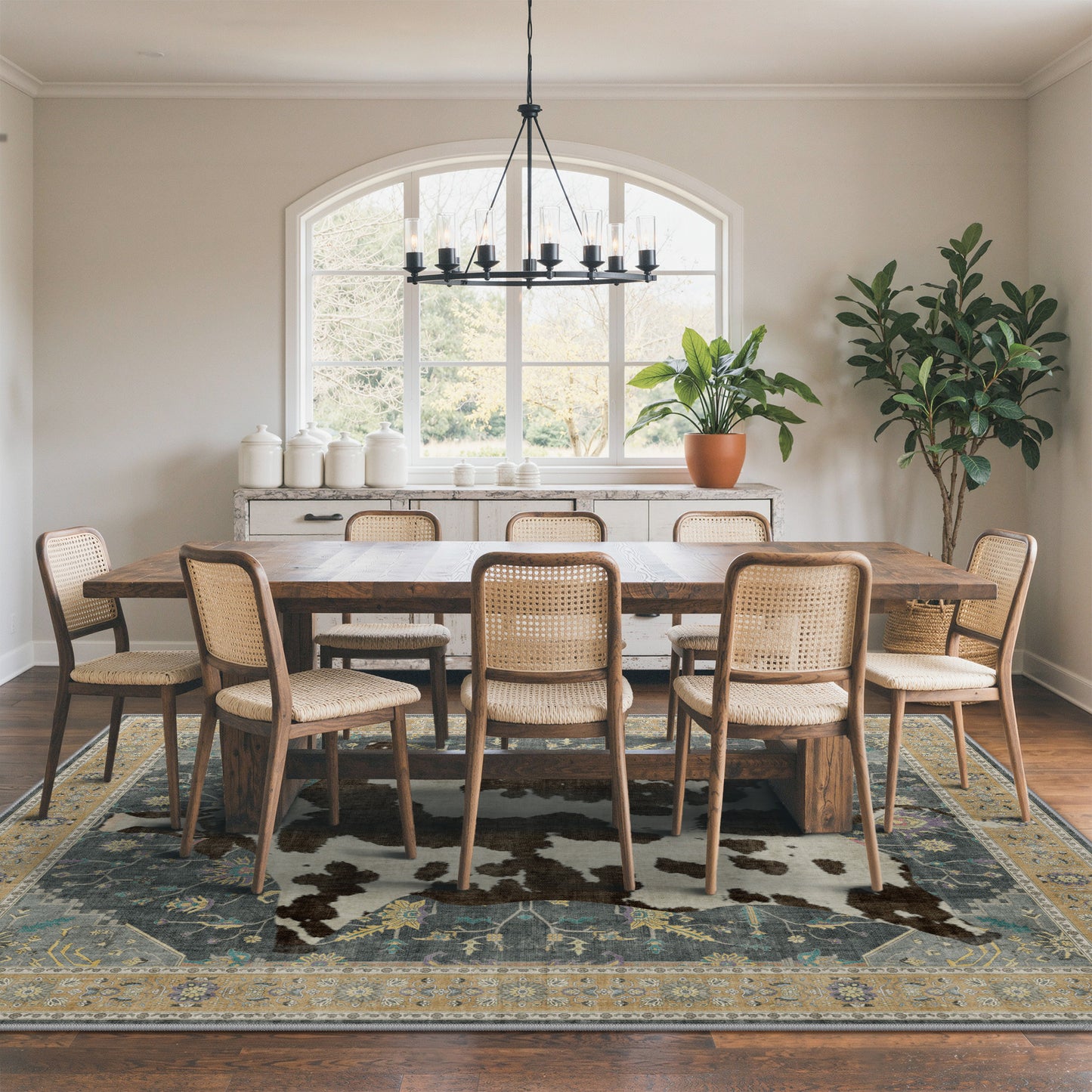 KUETH 5'x7' Cow Area Rugs for Living Room, Non Slip Machine Washable Vintage Boho Rug, Low Pile Print Rug for Bedroom Dining Room Home Office
