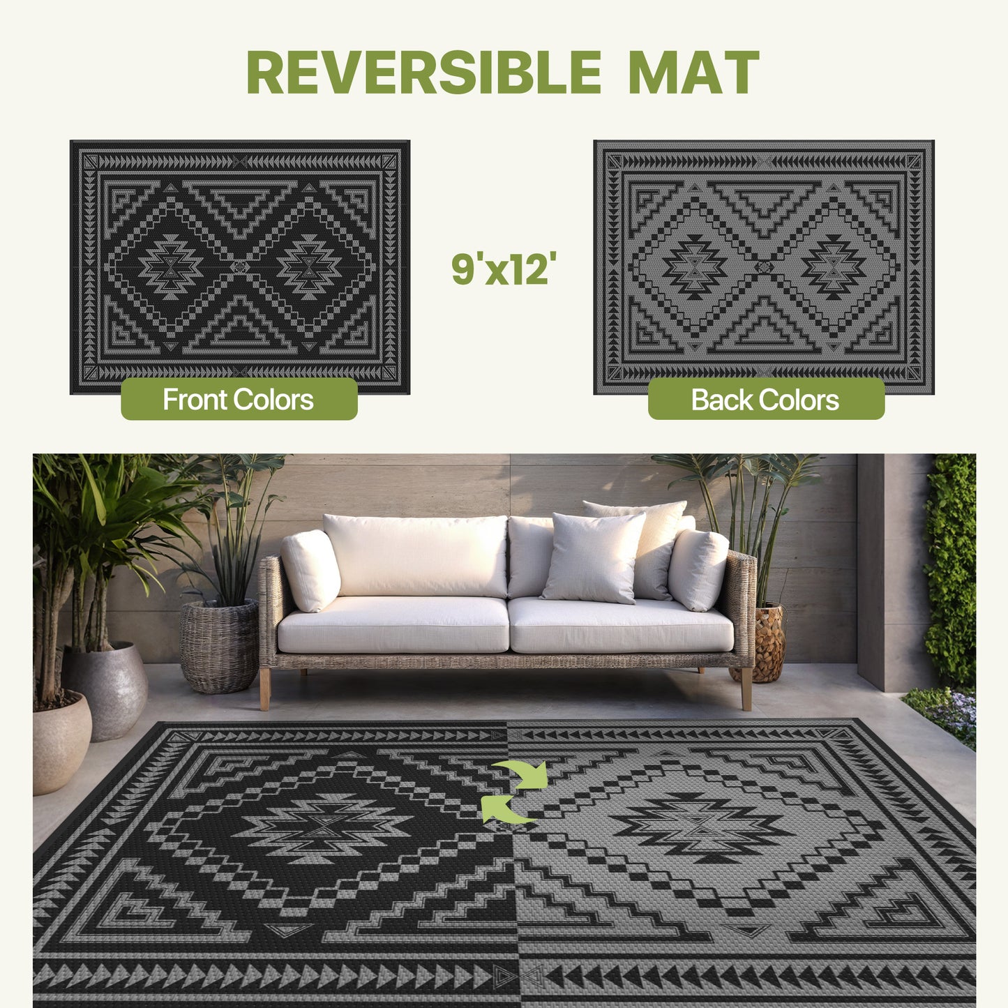 KUETH 9' x 12' Outdoor Rug Waterproof for Patio Carpet Plastic Reversible Straw Outdoor Rug for Camping Picnic Geometric Mat ,Black & Gray