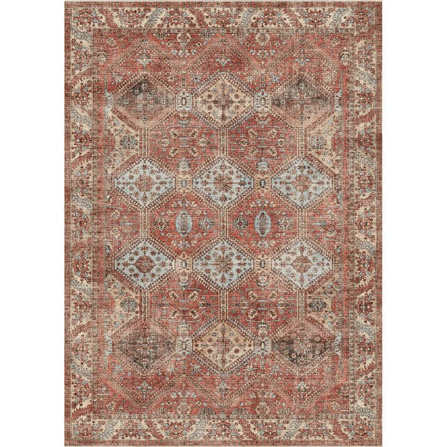 KUETH Area Rug Machine Washable Large Brick Red Ultra-Thin Chenille Vintage Distressed Print Bedroom Living Room Accent Rug, Low Pile Lightweight Non Slip with Gripper