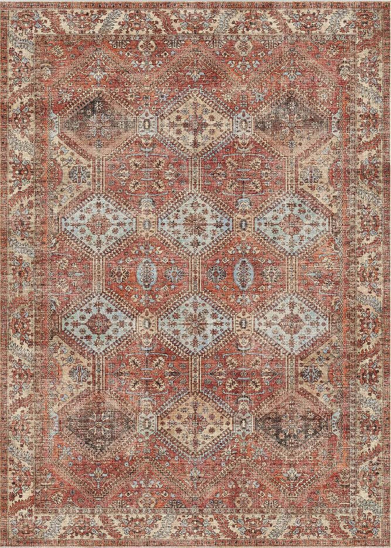 Masiis Area Rug Machine Washable Large Brick Red Chenille Vintage Distressed Print Bedroom Living Room Accent Rug, Low Pile Lightweight Non Slip with Gripper