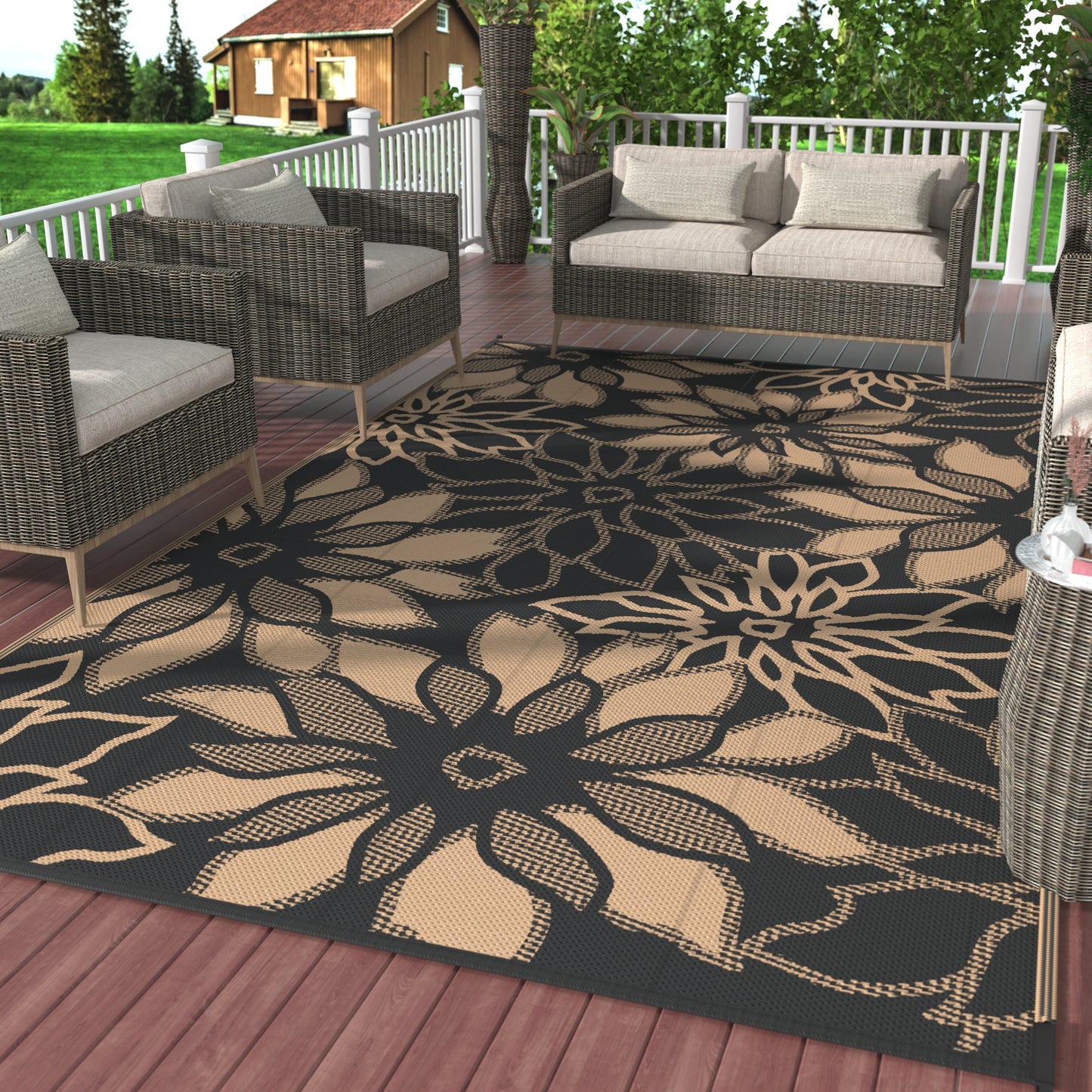 KUETH 5'x8' Outdoor Rug Waterproof Plastic Reversible Patio Camping Outside Carpet,Black Brown