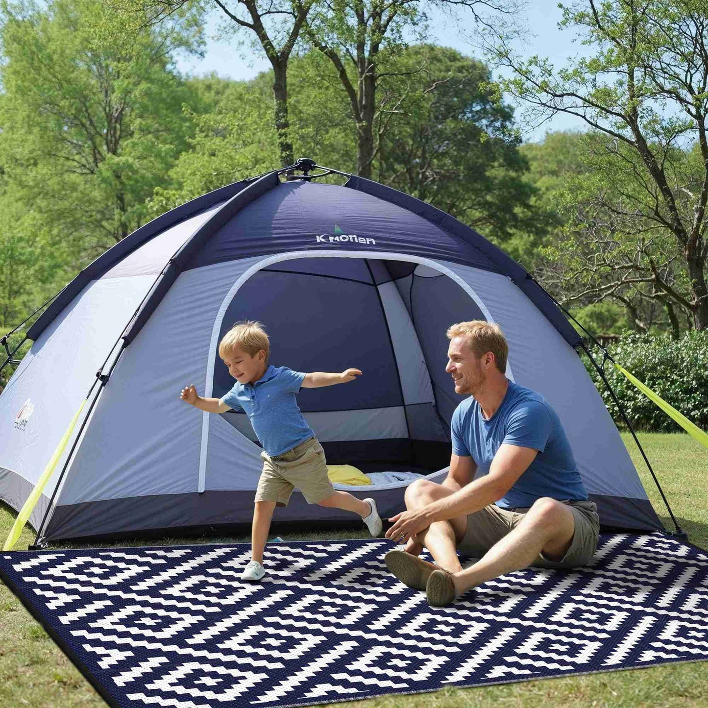 KUETH 8' x 10' Outdoor Waterproof Rug Camping Mat Patio Geometric Carpet,Navy Blue&White