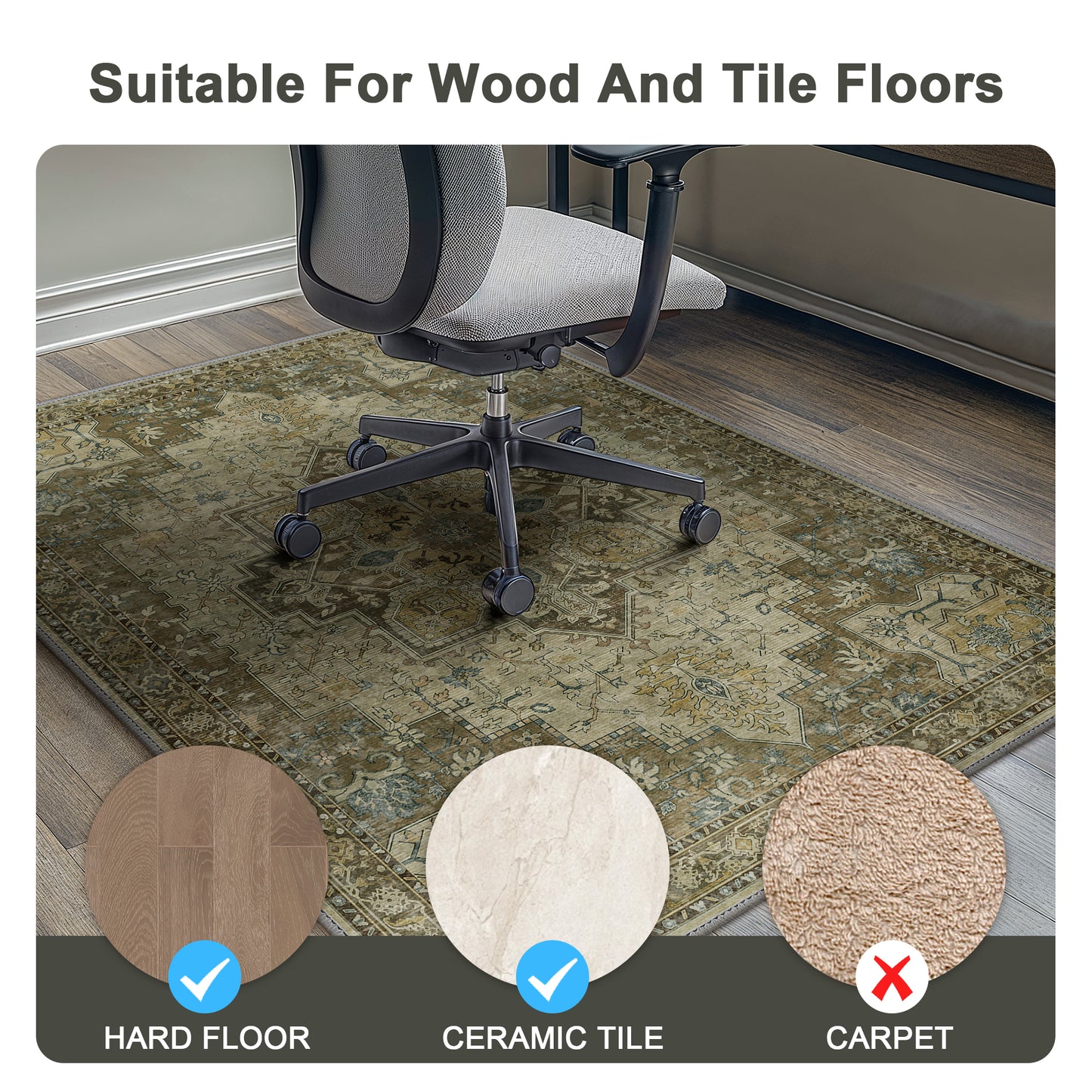 KUETH Protective Flooring Office Chair Mat for Hardwood Floor and Tile Floor, Heavy Duty Desk Chair Mat for Carpets, Anti Slip Office Floor Mats for Rolling Chairs, Low Pile Under Desk Rug