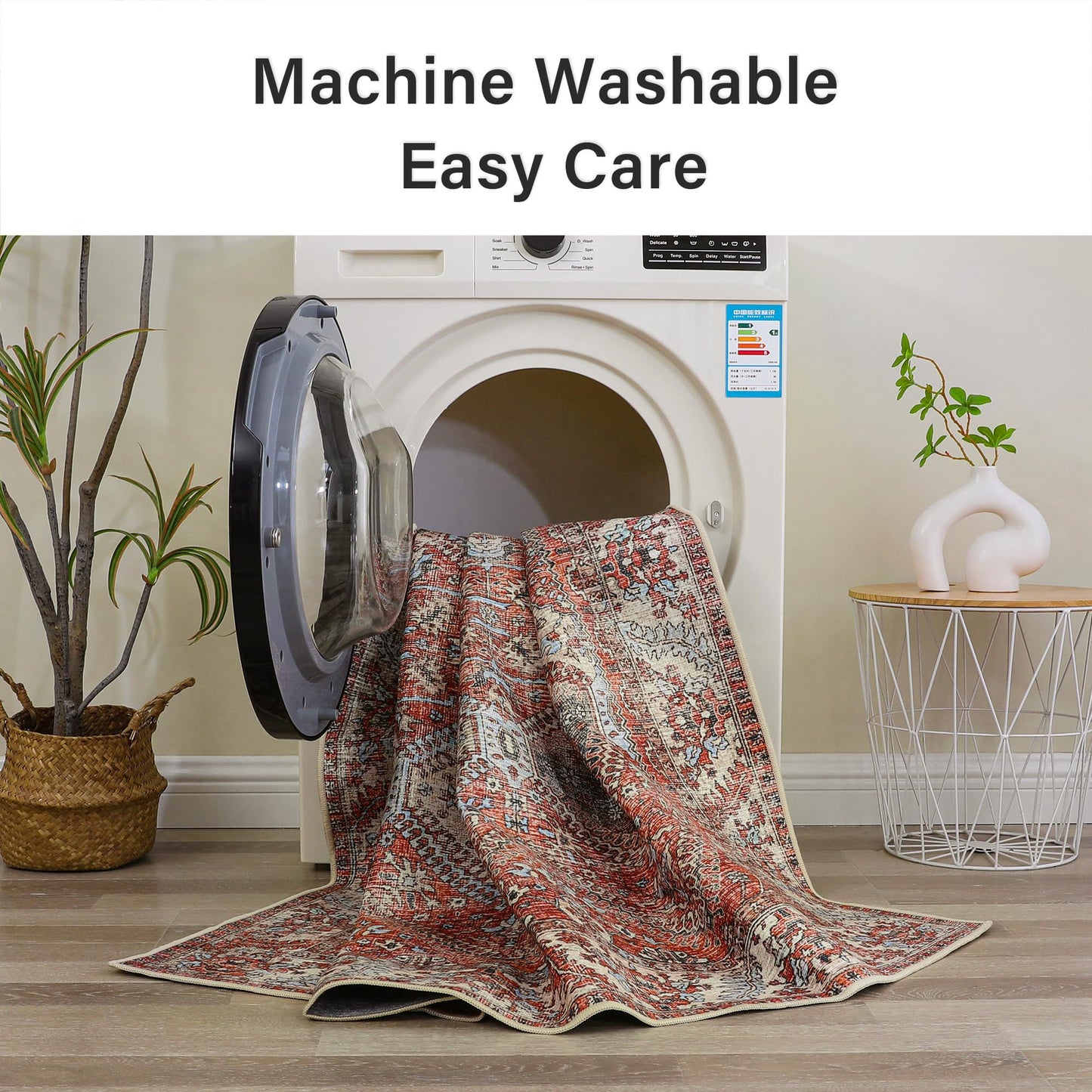 Masiis Area Rug Machine Washable Large Brick Red Chenille Vintage Distressed Print Bedroom Living Room Accent Rug, Low Pile Lightweight Non Slip with Gripper