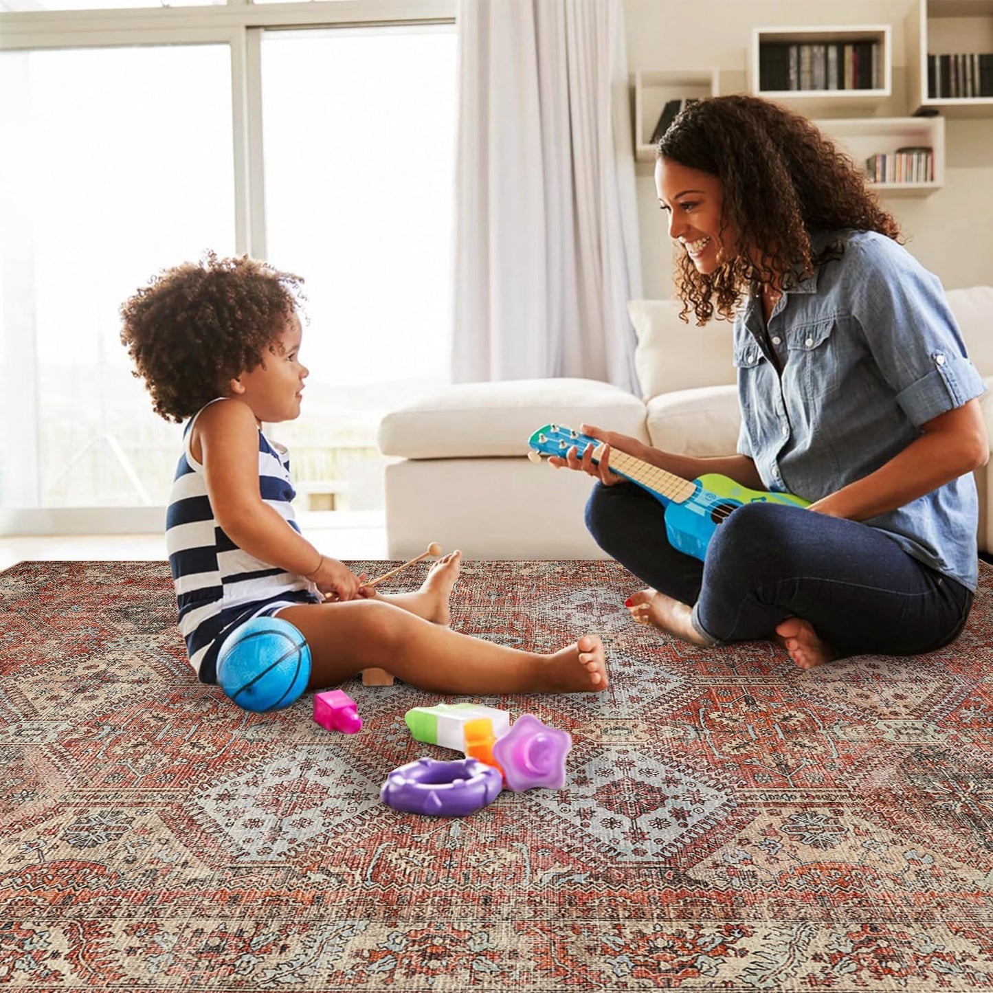 Masiis Area Rug Machine Washable Large Brick Red Chenille Vintage Distressed Print Bedroom Living Room Accent Rug, Low Pile Lightweight Non Slip with Gripper