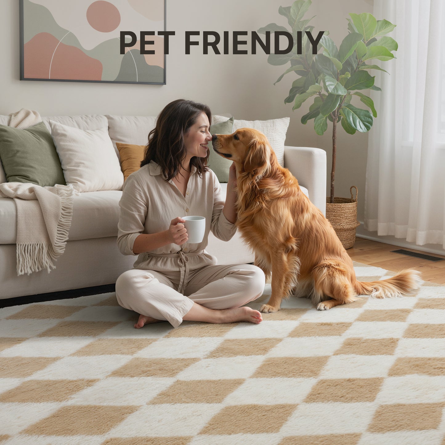 KUETH 5'x7' Fluffy Shag Washable Area Rug for Living Room Modern Geometric