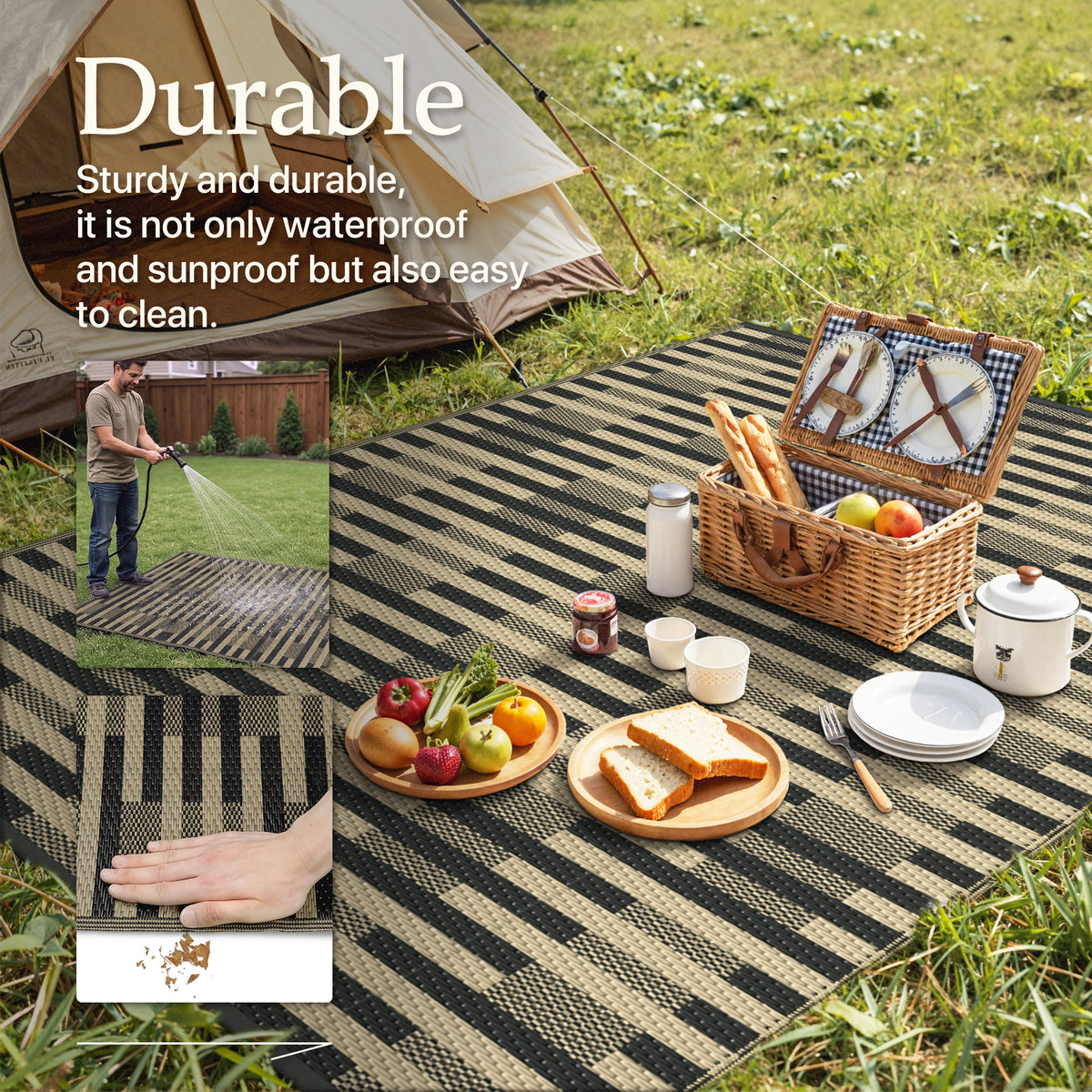 KUETH 6'x 9' Black and Beige Outdoor Plastic Rug Foldable Waterproof UV Resistant Reversible Outdoor Patio Geometric RV Deck Camping Rug