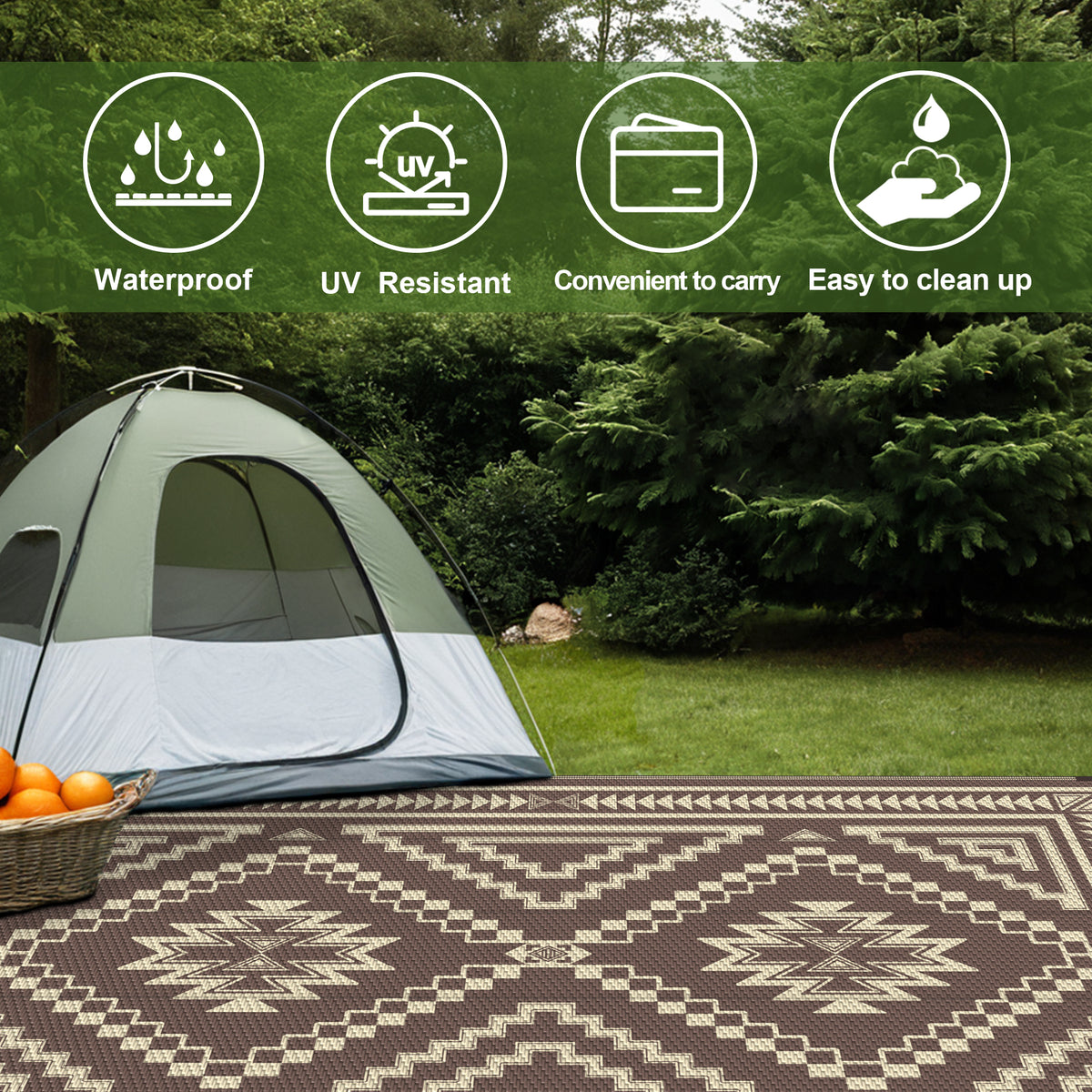 KUETH 6' x 9' Outdoor Rug Waterproof for Patio Carpet Plastic Reversible Straw Outdoor Rug for Camping Picnic Geometric Mat ,COFFEE&BEIGE