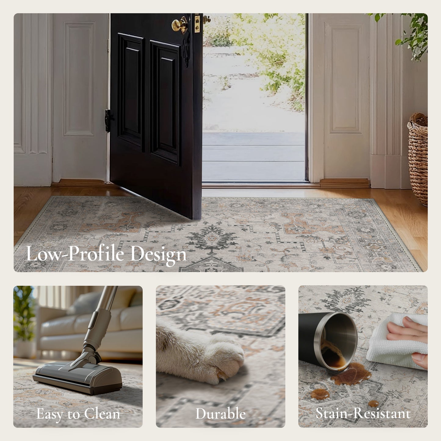 KUETH Area Rugs for Living Room, Non Slip Machine Washable Retro Rugs, Ultra-thin Print Rug for Bedroom, Dining Room, Home Office.