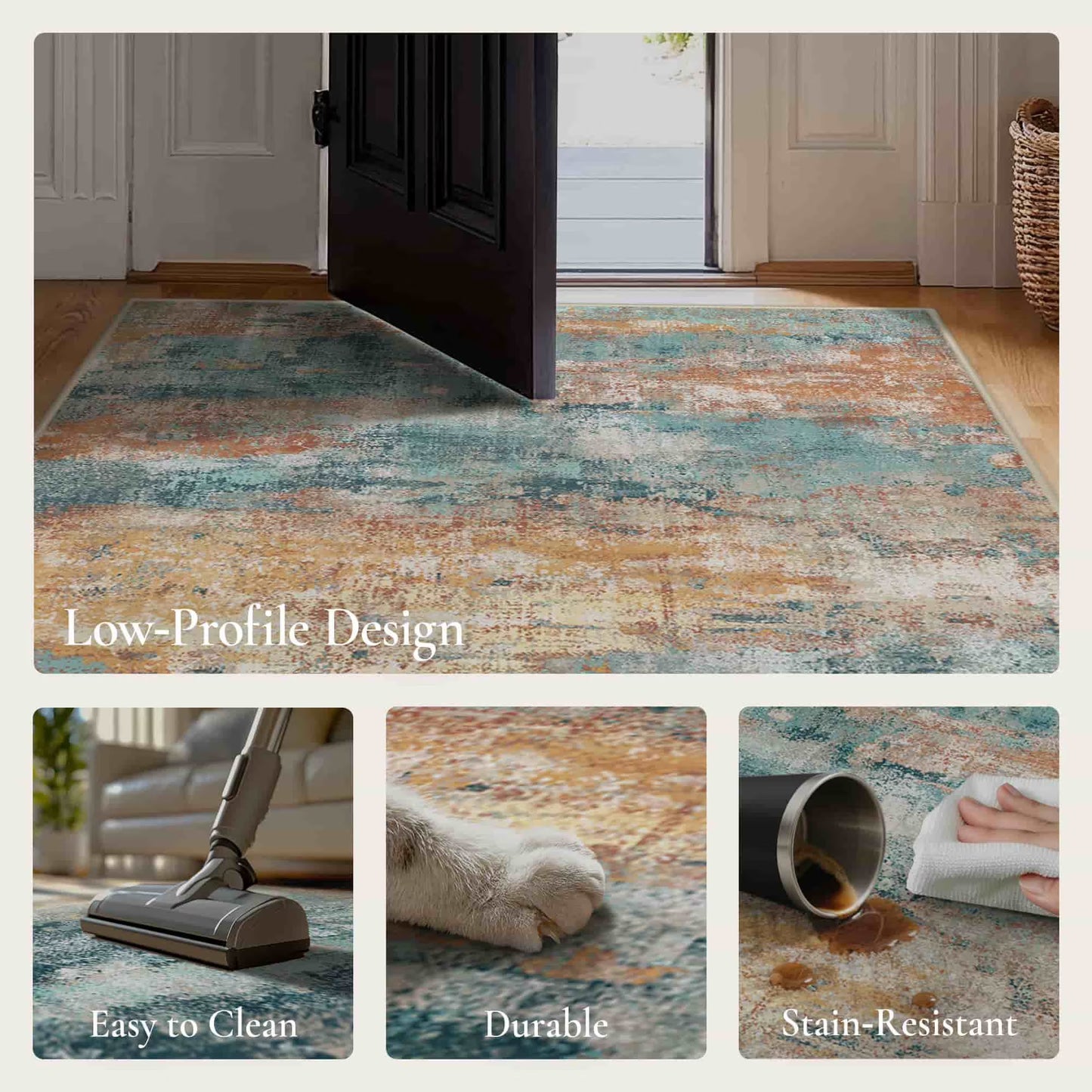 KUETH 5×7 Area Rug Washable for Living Room, Large Teal Blue Print Pattern Modern Abstract Soft Non Slip Low Pile Indoor Rug, Bedroom, Dinning Room