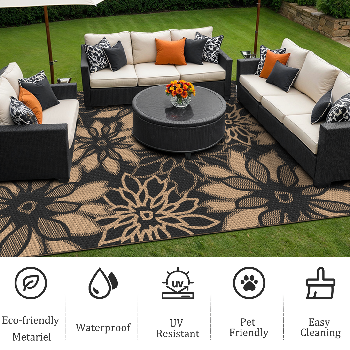 KUETH 5'x8' Outdoor Rug Waterproof Plastic Reversible Patio Camping Outside Carpet,Black Brown