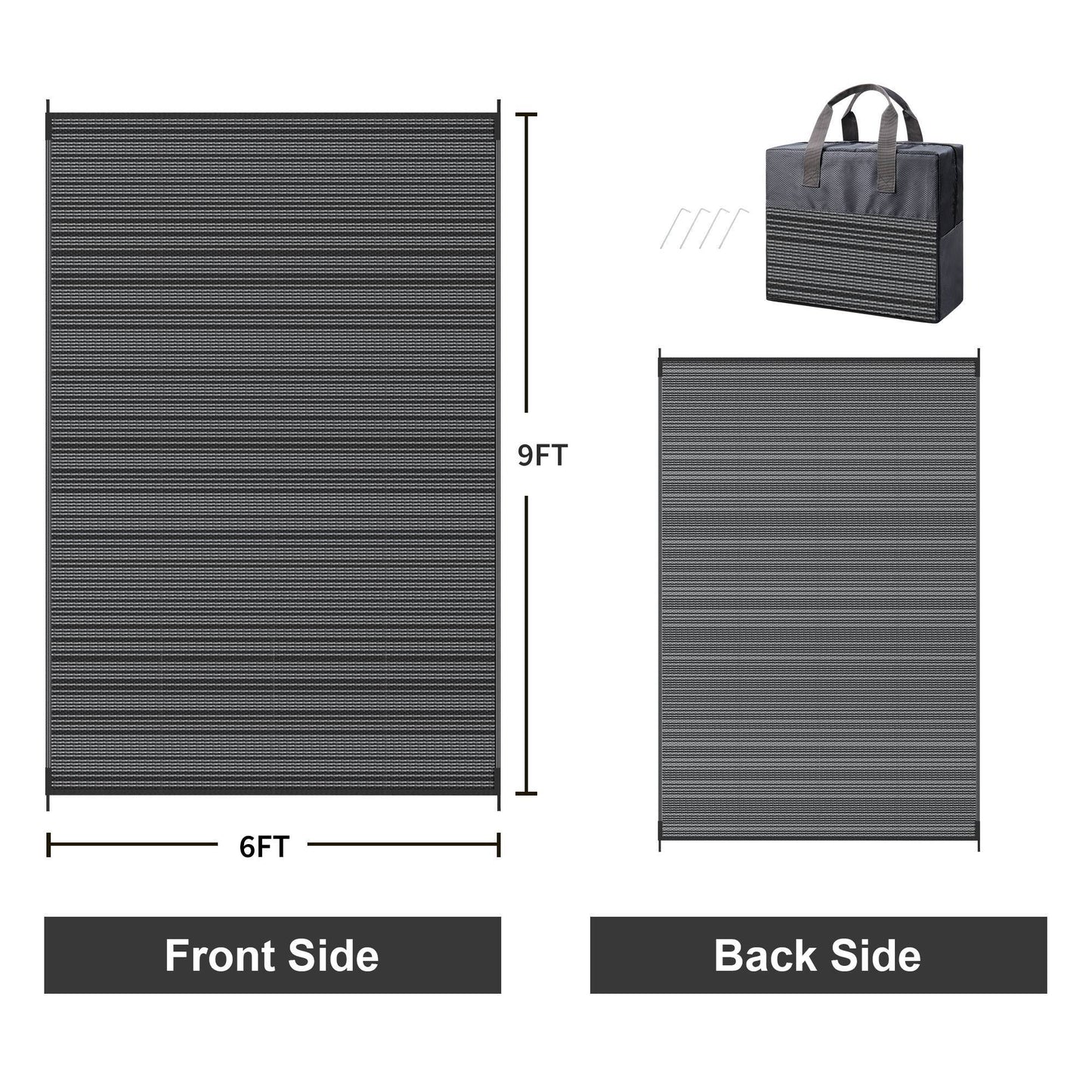 KUETH 6'x 9' Outdoor Waterproof Rug Camping Mat Patio Carpet,Black&Gray