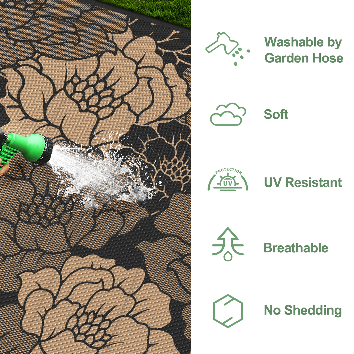 KUETH 8'x 10' Outdoor Rug Plastic Waterproof Outside Foldable Flower Mat UV Resistant Patio RV Deck Carpet,Black Brown