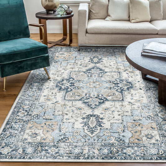 Roehit Oriental Performance Machine Washable Blue / Ivory Area Rug