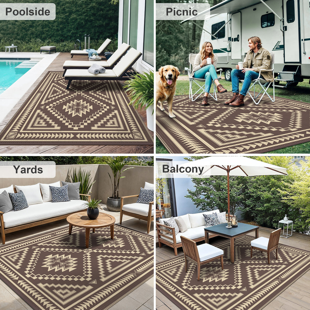 KUETH 5' x 8' Outdoor Rug Waterproof for Patio Carpet Plastic Reversible Straw Outdoor Rug for Camping Picnic Geometric Mat ,COFFEE&BEIGE