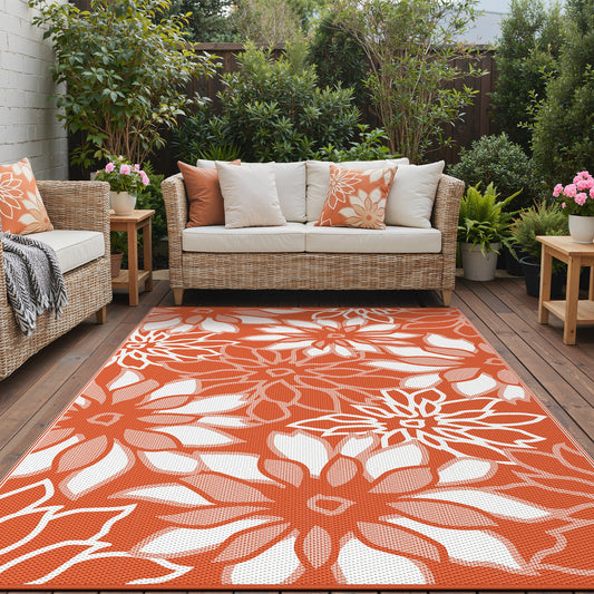 KUETH 6'x9' Outdoor Rug Waterproof Plastic Reversible Floral Patio Camping Outside Carpet,Orange White