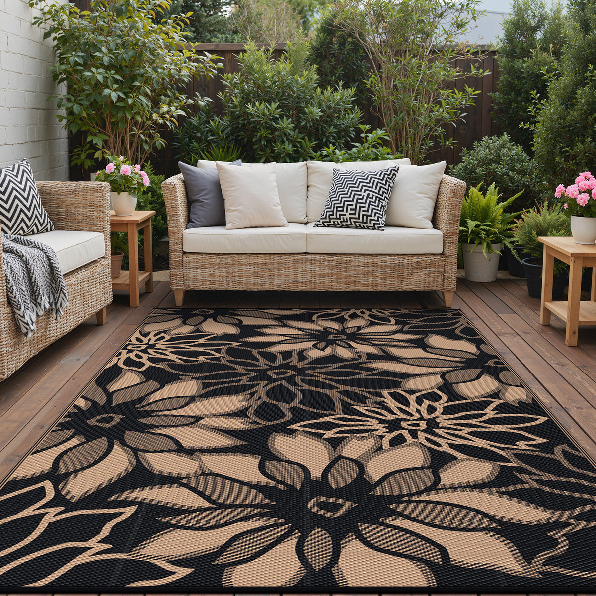 KUETH 6'x9' Outdoor Rug Waterproof Plastic Reversible Patio Camping Outside Carpet,Black Brown