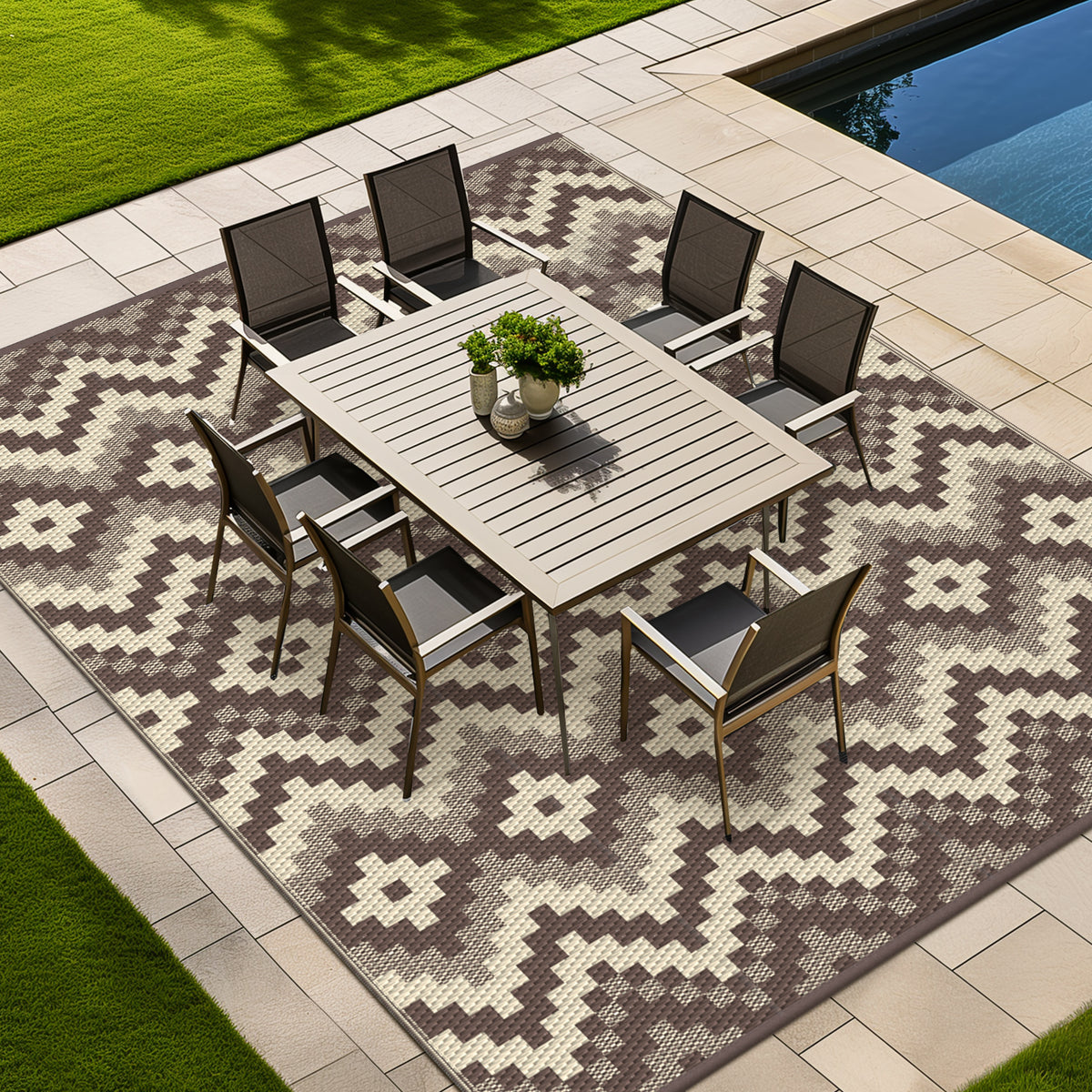KUETH 5' x 8' Outdoor Rug Waterproof Camping Patio Rug Boho Geometric Reversible Outdoor Plastic Carpet for RV Blcony Picnic Porch,COFFEE&BEIGE