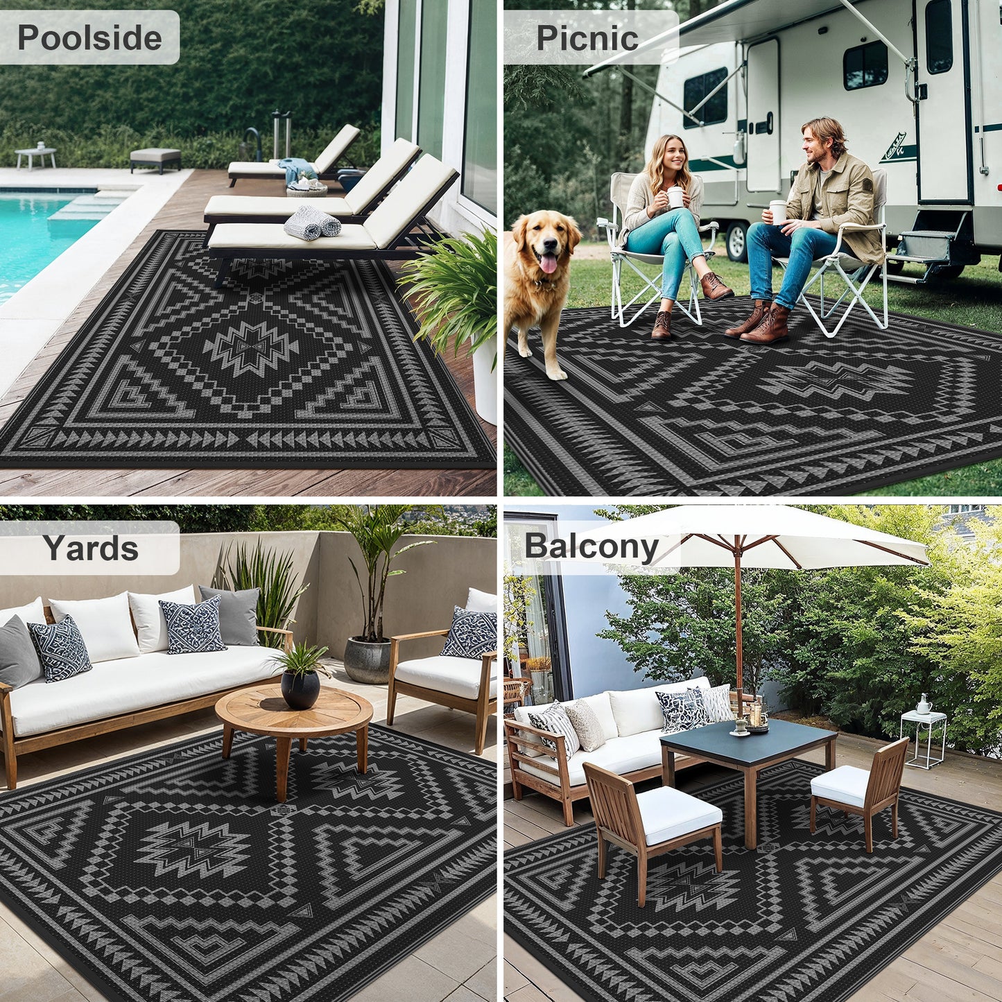 KUETH 6' x 9' Outdoor Rug Waterproof for Patio Carpet Plastic Reversible Straw Outdoor Rug for Camping Picnic Geometric Mat ,Black & Gray