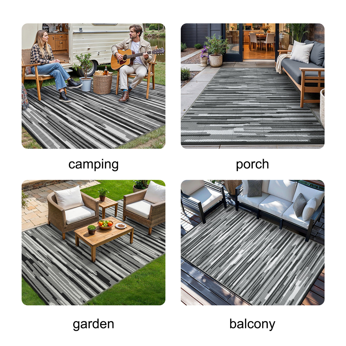 KUETH 5' x 8' Outdoor Waterproof Reversible Rug Camping Mat Abstract Patio Yard Carpet,BLACK&WHITE