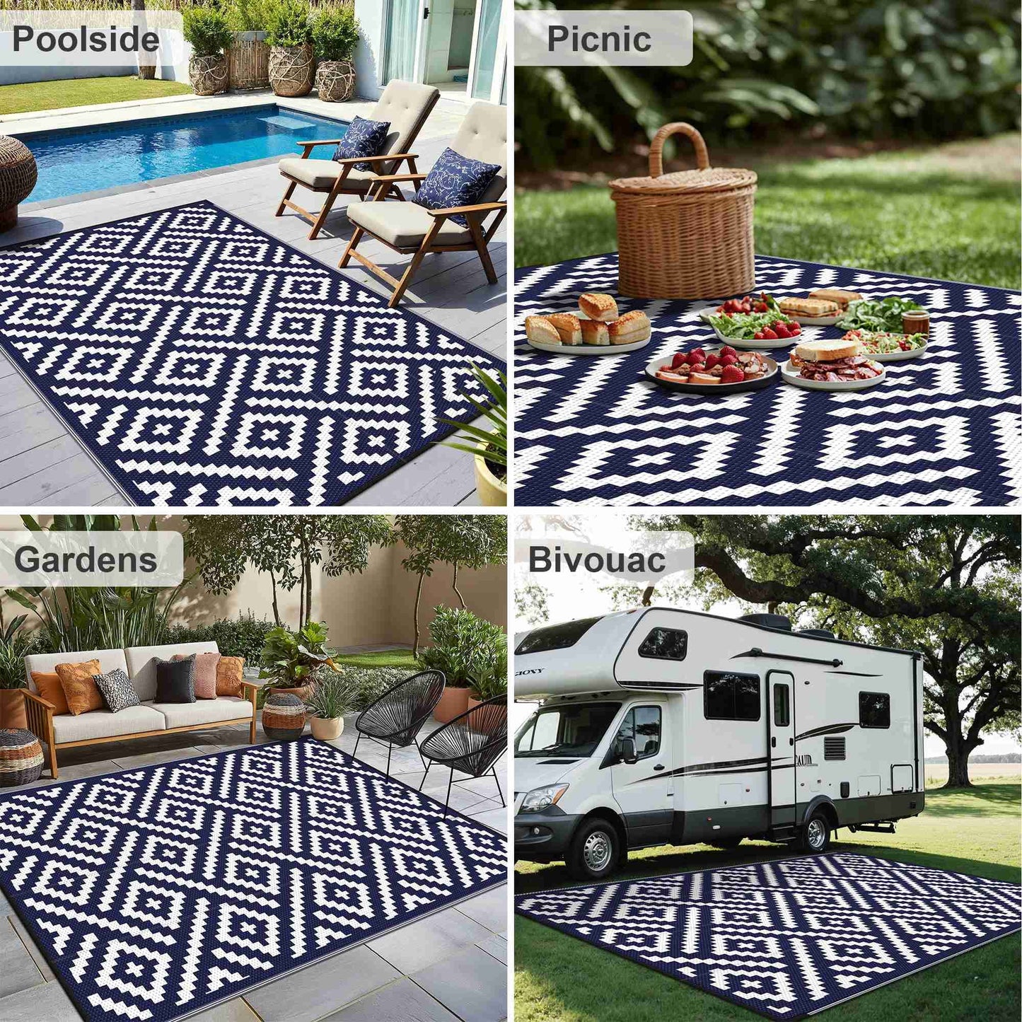 KUETH 6' x 9' Outdoor Waterproof Rug Camping Mat Patio Geometric Carpet,Navy Blue&White