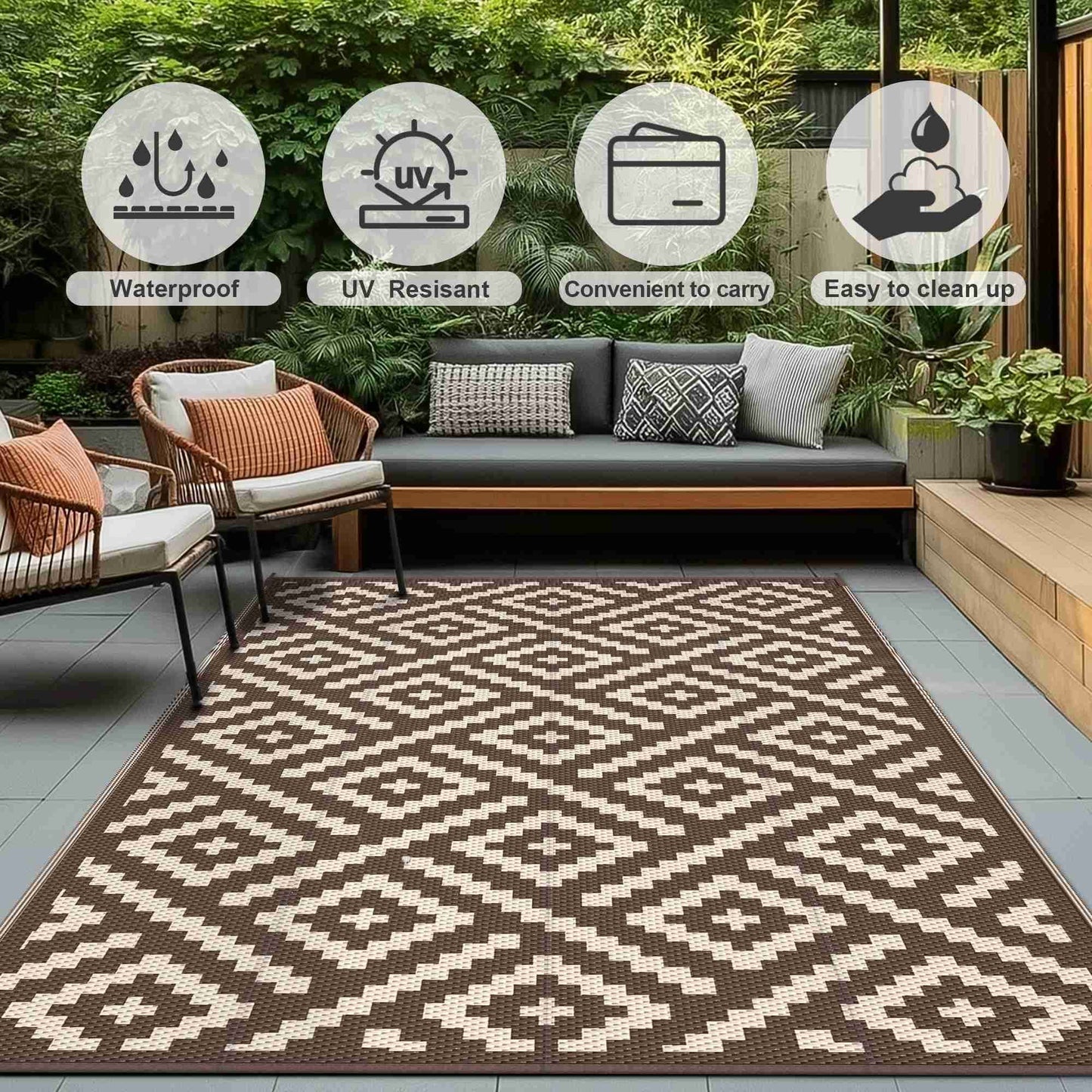 KUETH 6' x 9' Outdoor Waterproof Rug Camping Mat Patio Geometric Carpet,COFFEE&BEIGE