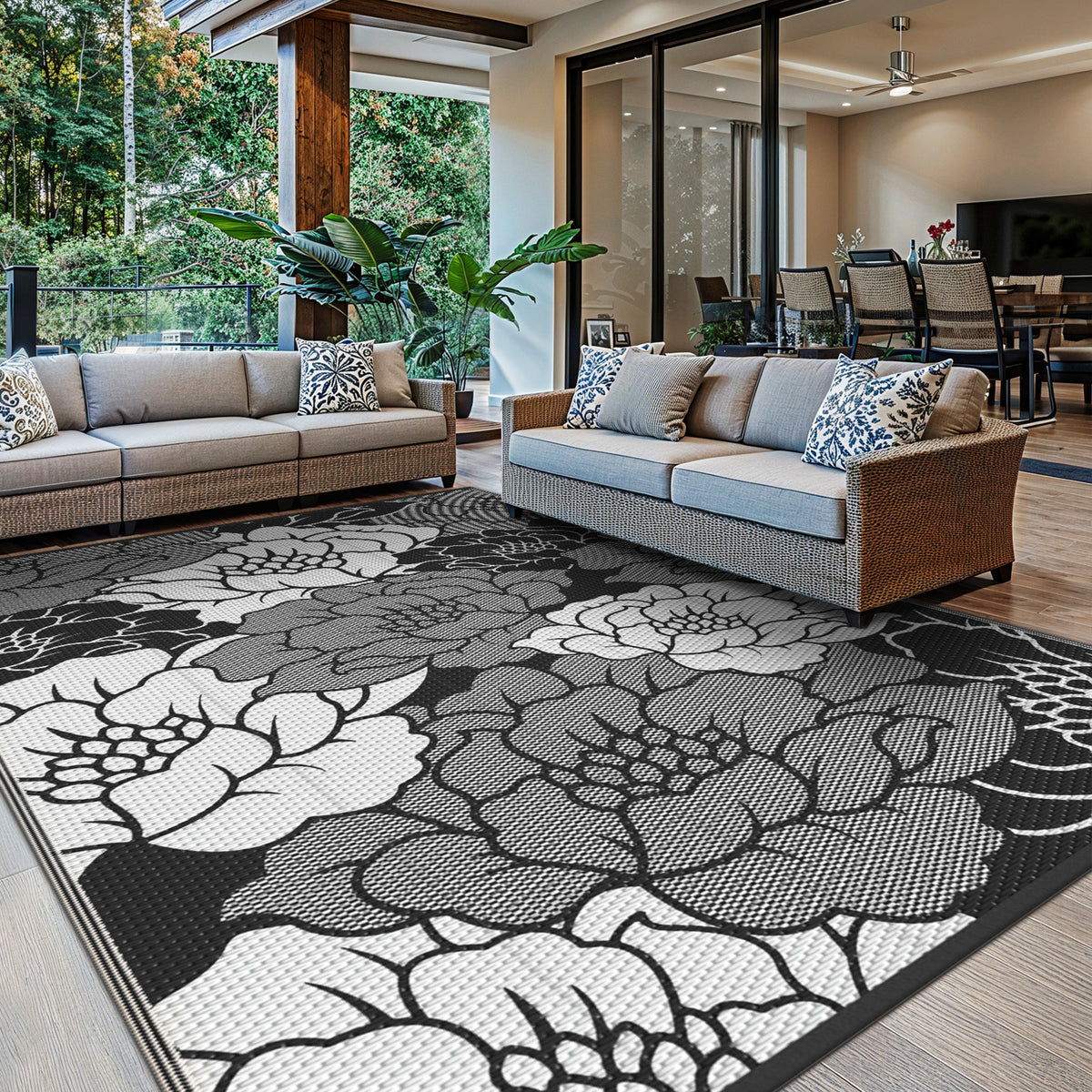 KUETH 6'x 9' Outdoor Rug Plastic Waterproof Outside Foldable Flower Mat UV Resistant Patio RV Deck Carpet,Black White