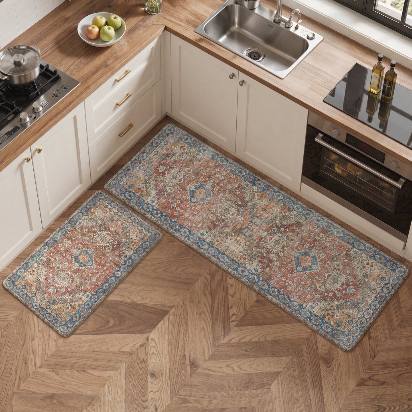 KUETH Kitchen Mats for Floor, Kitchen Rug with Anti Fatigue, Non Slip Washable Kitchen Rug, Set of 2 Kitchen Mat 17"x47"+17"x30", Runner Rug with Waterproof for Bathroon and Bedroom