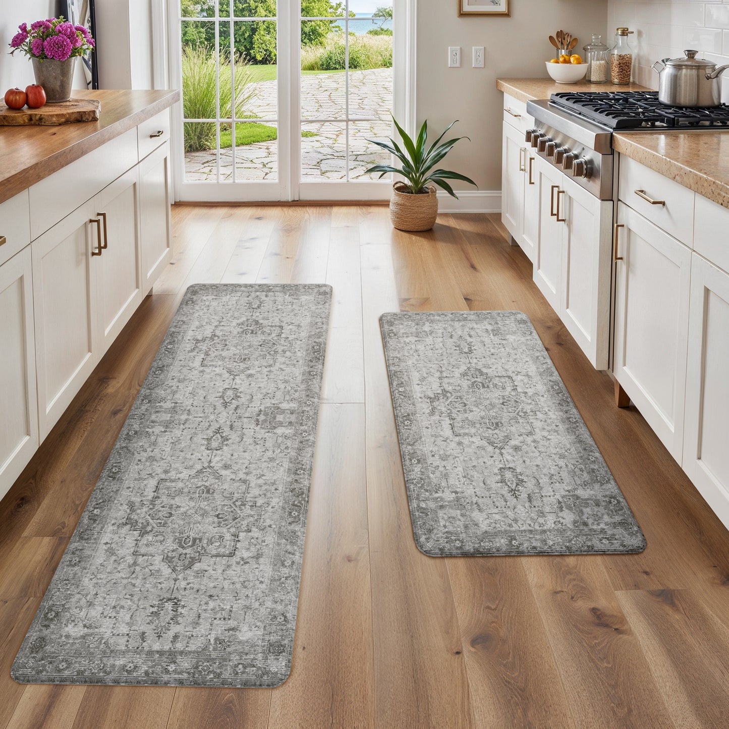 KUETH Kitchen Mats for Floor, Kitchen Rug with Anti Fatigue, Non Slip Washable Kitchen Rug, Set of 2 Kitchen Mat 17"x47"+17"x30", Runner Rug with Waterproof for Bathroon and Bedroom